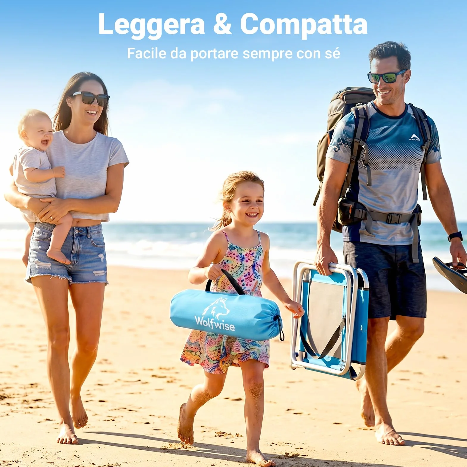 Wolfwise Tenda da Spiaggia UPF 50+ Famiglia Riparo Solare Anti-UV 3 Finestre Ventilate Pavimento Estensibile Borsa Trasporto 4 Persone Blu