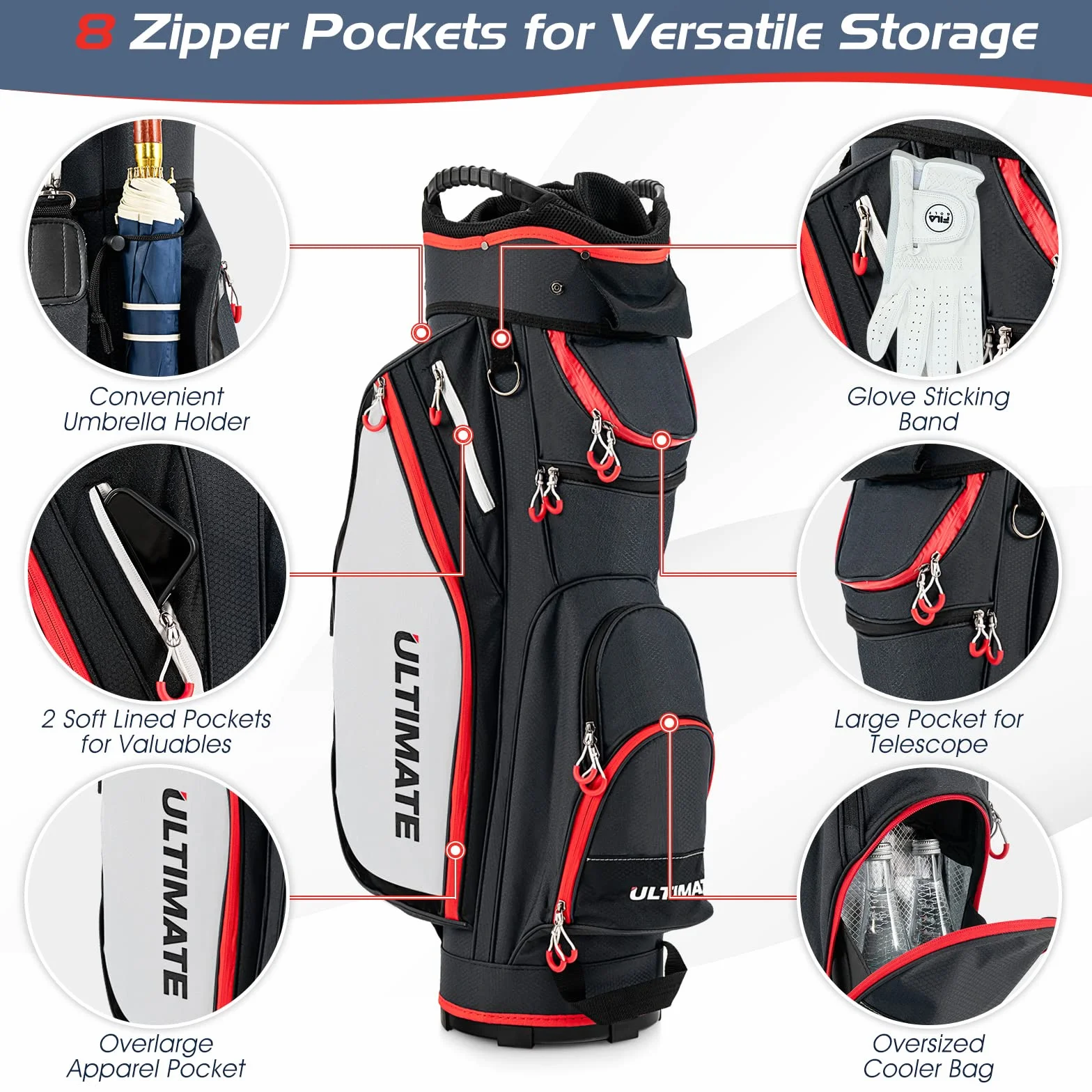 LIFEZEAL Borsa da Golf con 14 Divisori, 8 Tasche e Copertura Antipioggia