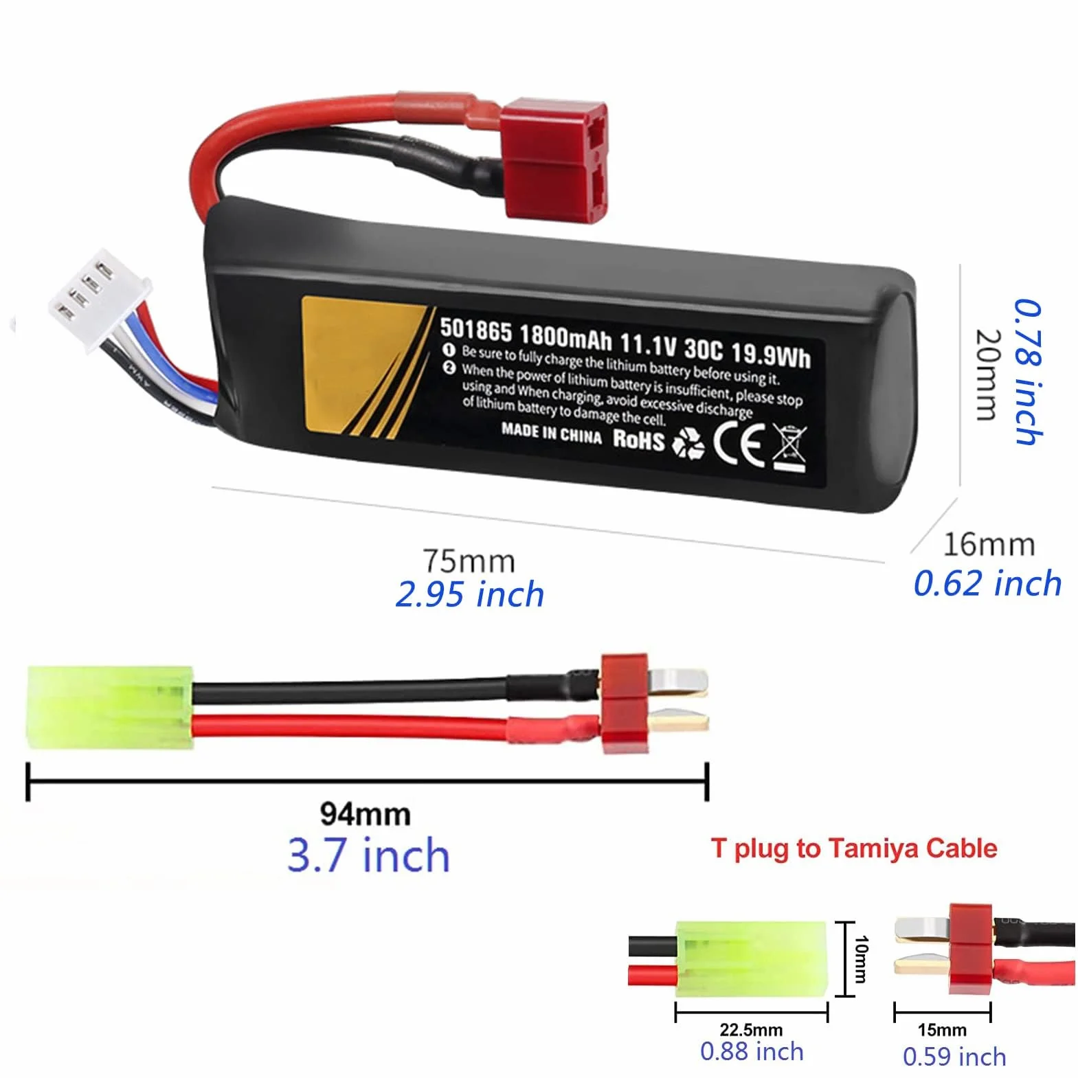 Batteria Lipò 1800mAh 30C 11.1V per Airsoft Connettore a T USB 2 Pezzi