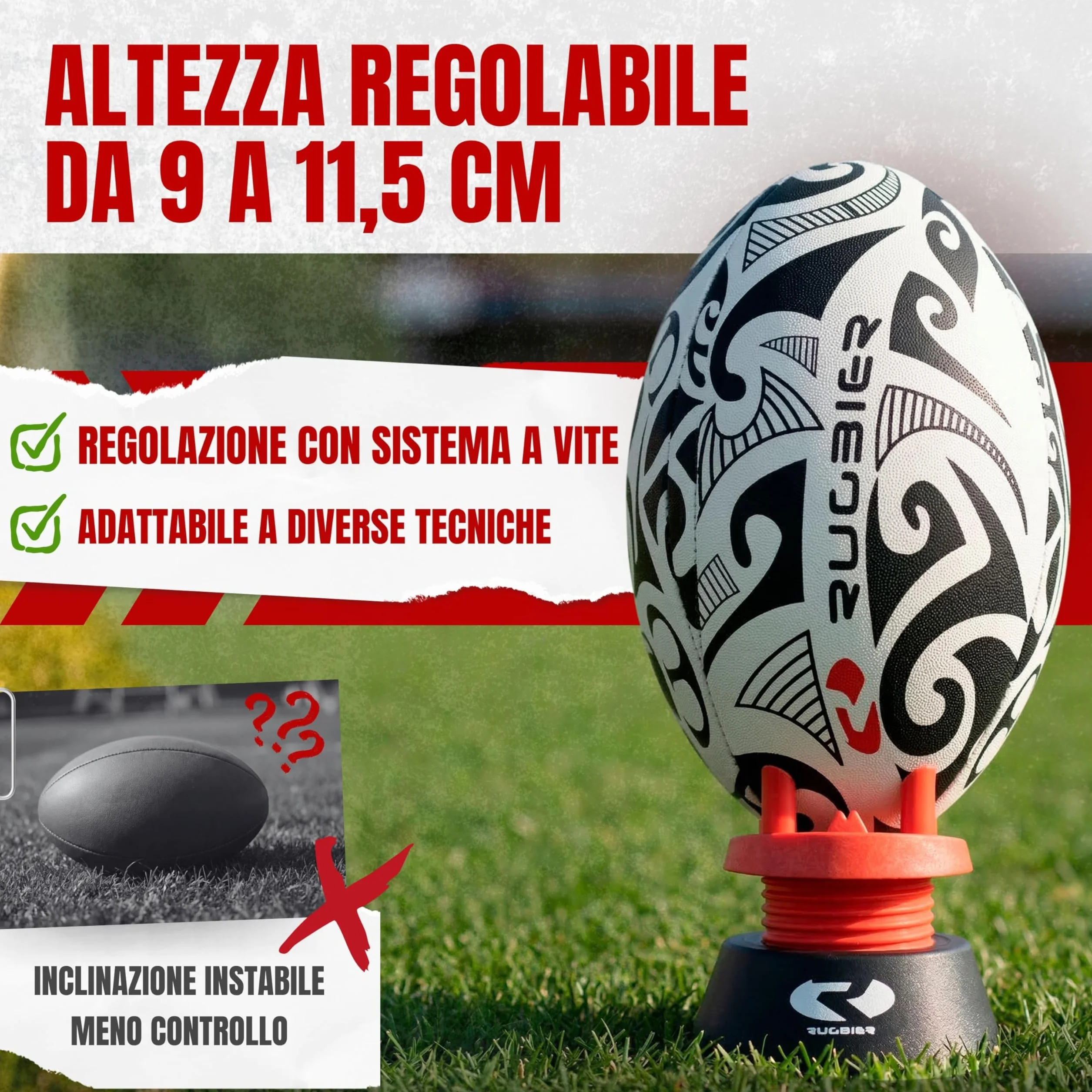 Tee da Rugby Regolabile Professionale Rosso/Nero – Supporto Calci Altezza Regolabile per Allenamento e Partita