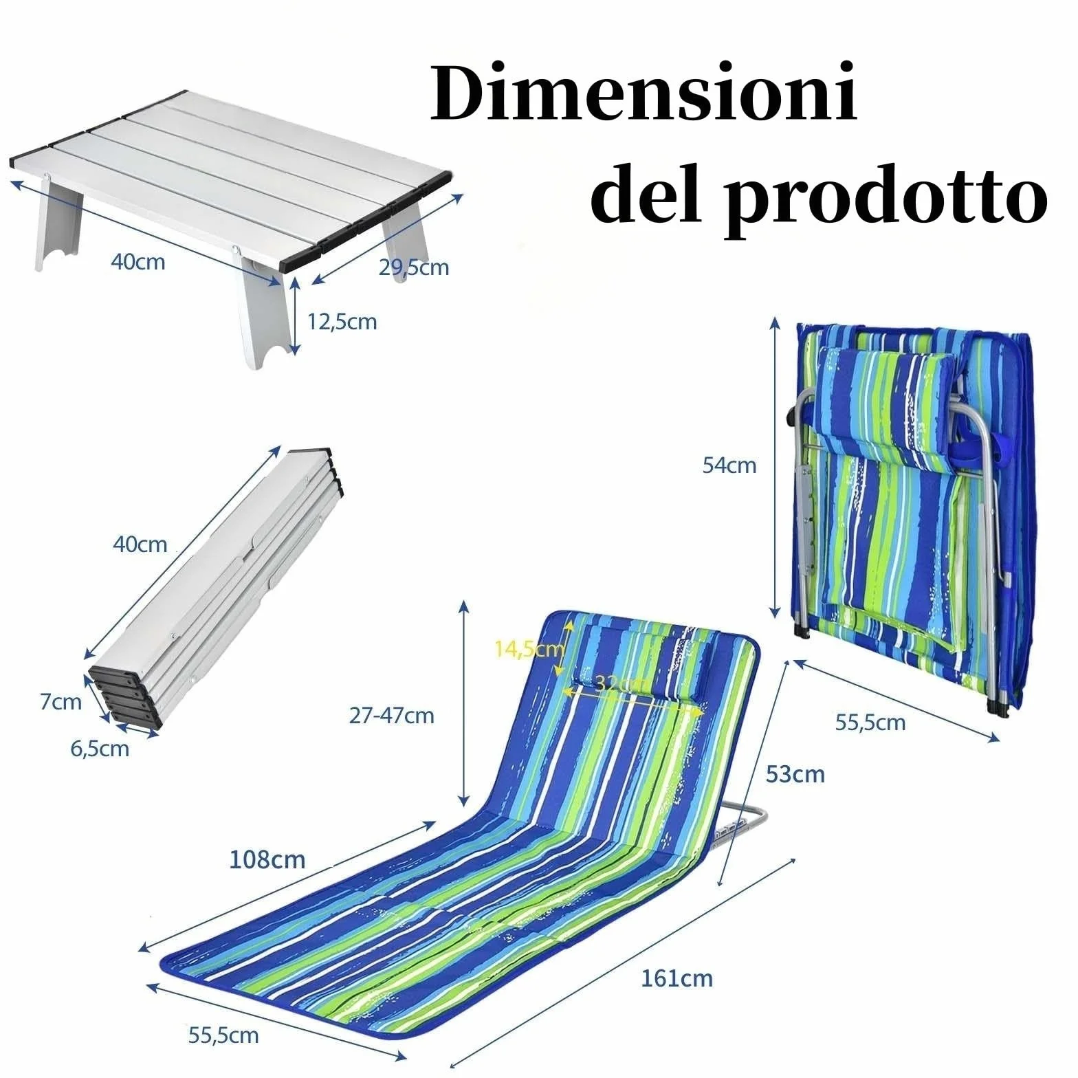 GYMAX Tappetino da Spiaggia Reclinabile Set 2 Sedie e Tavolino Pieghevole Multifunzione Blu e Verde