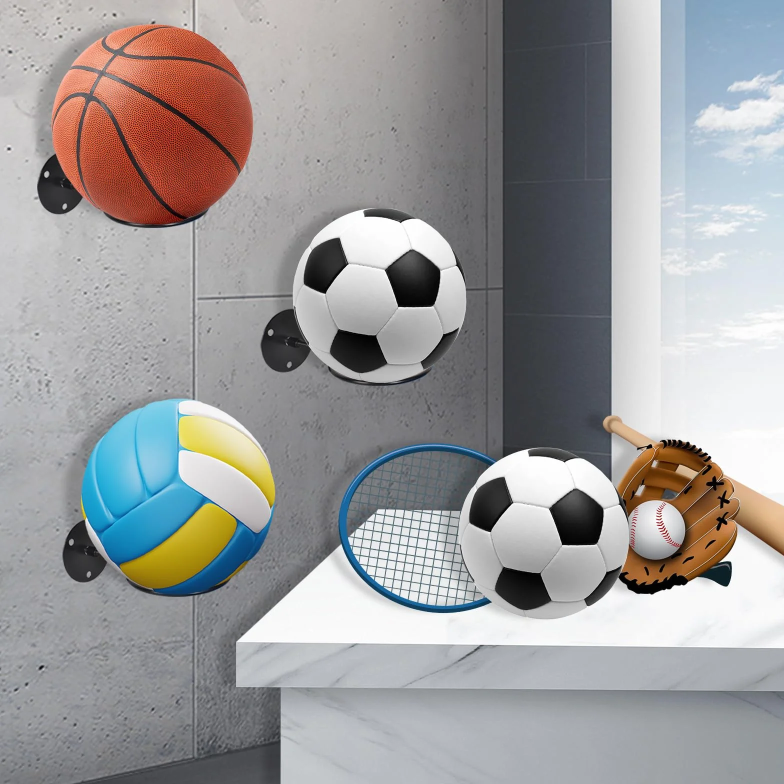 Supporto da Parete per Pallacanestro, Pallone da Calcio, Pallavolo, Rugby in Metallo Nero
