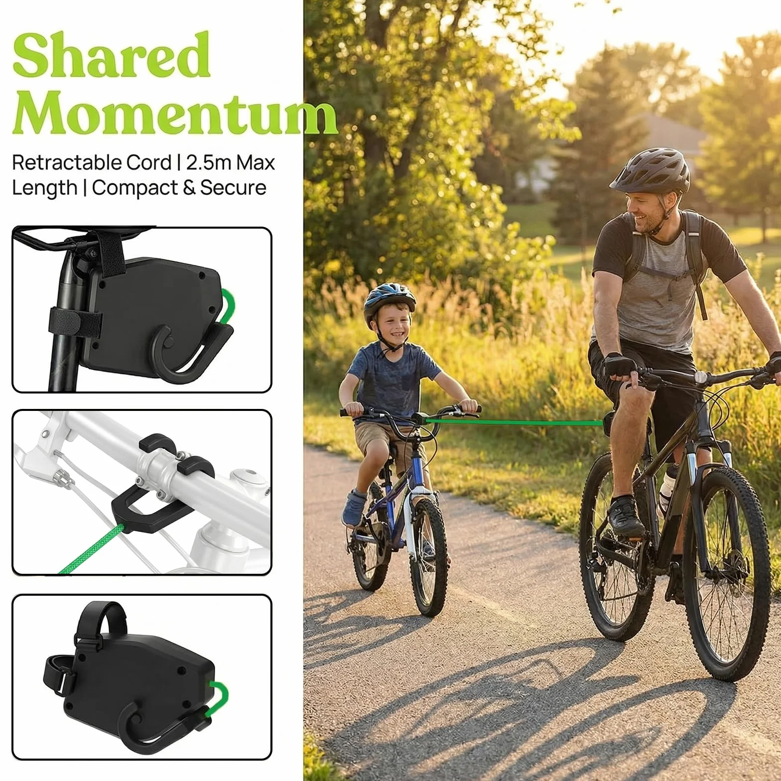 Corda di Traino per Bici da Bambino 2,5 m Portata 225 kg per MTB E-Bike con Moschettone e Custodia