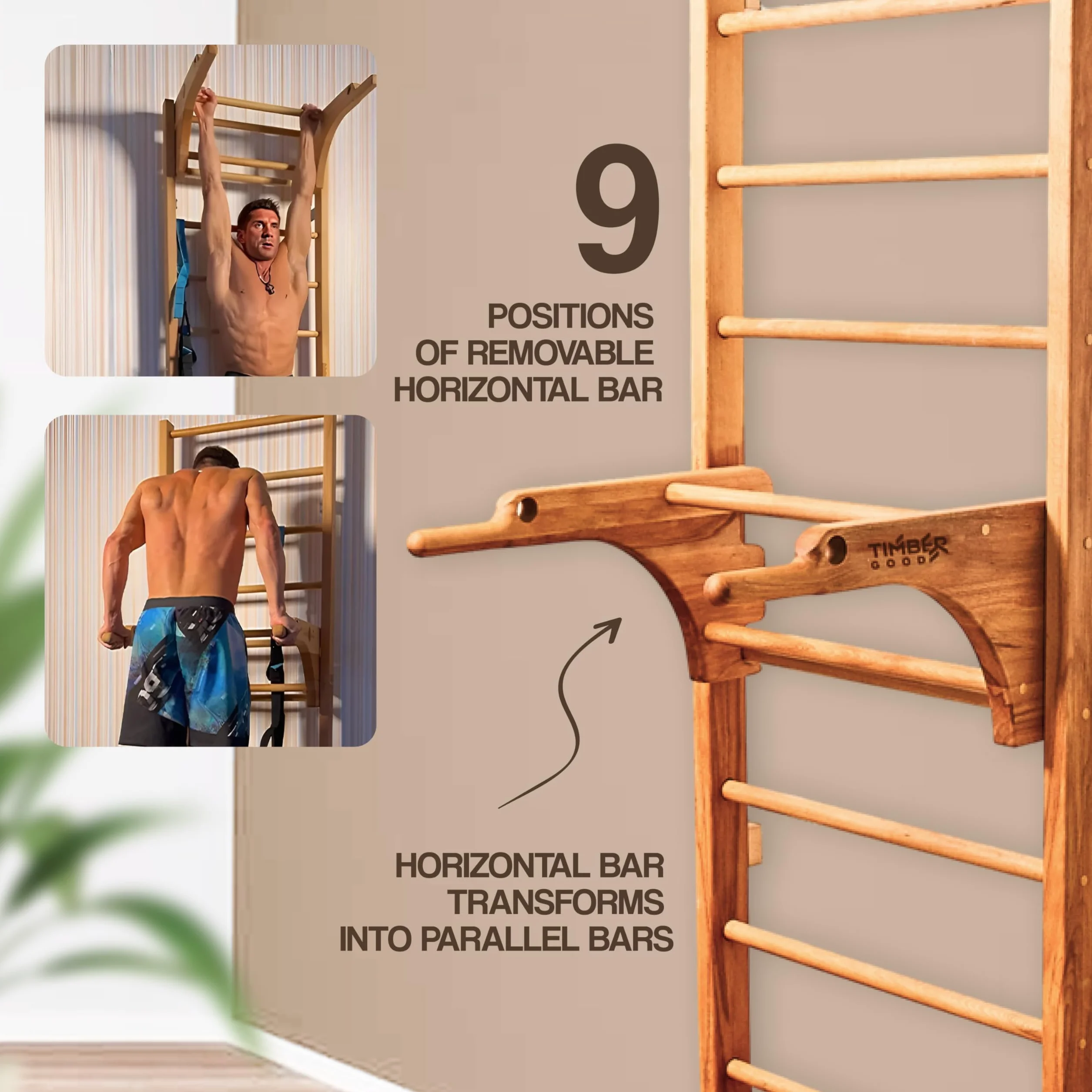 Timbergood Scala svedese barre da parete con barra di trazione rimovibile legno di faggio massello