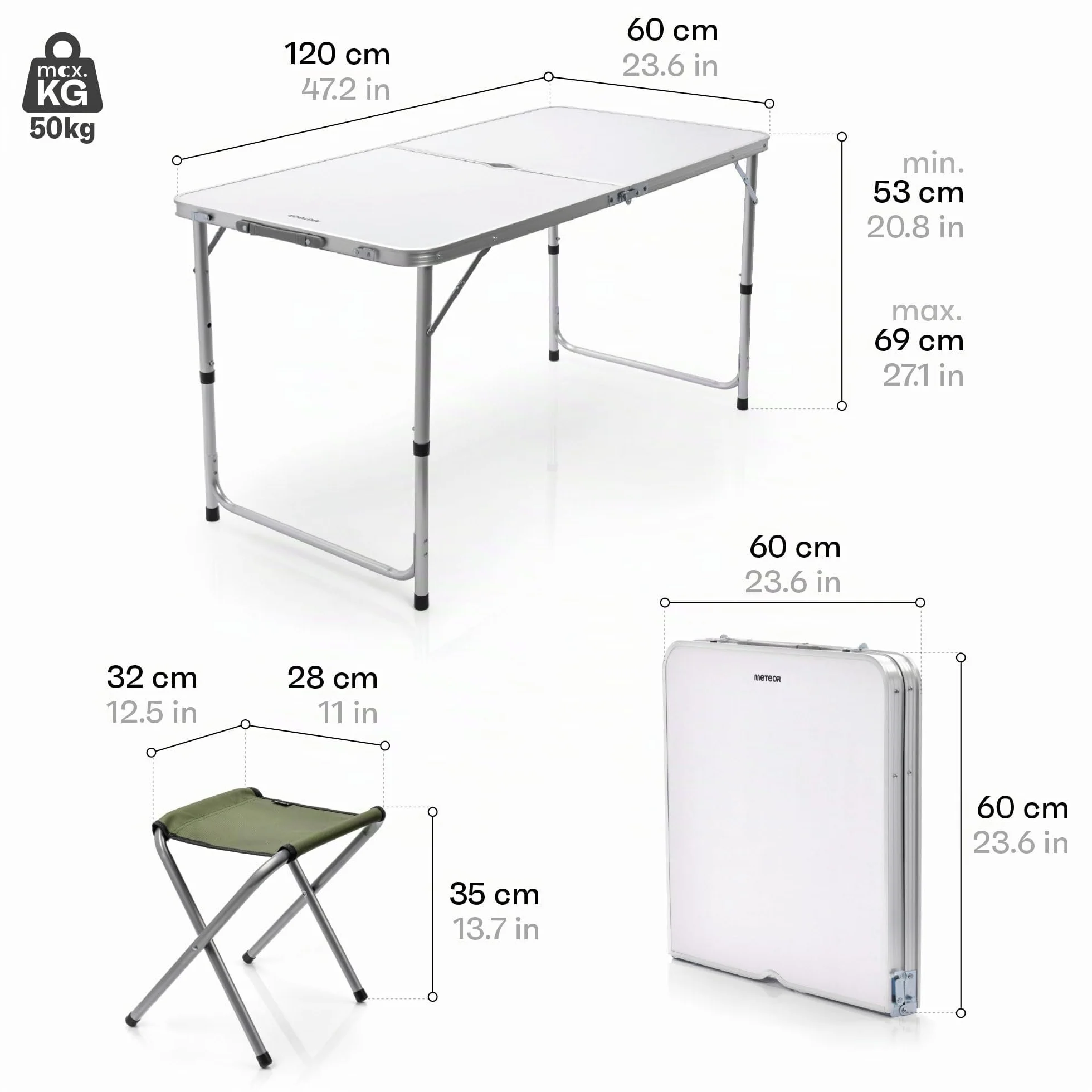 Meteor Tavolo e Sedie Pieghevoli Portatile Set con 4 Sgabelli per Campeggio Giardino Picnic