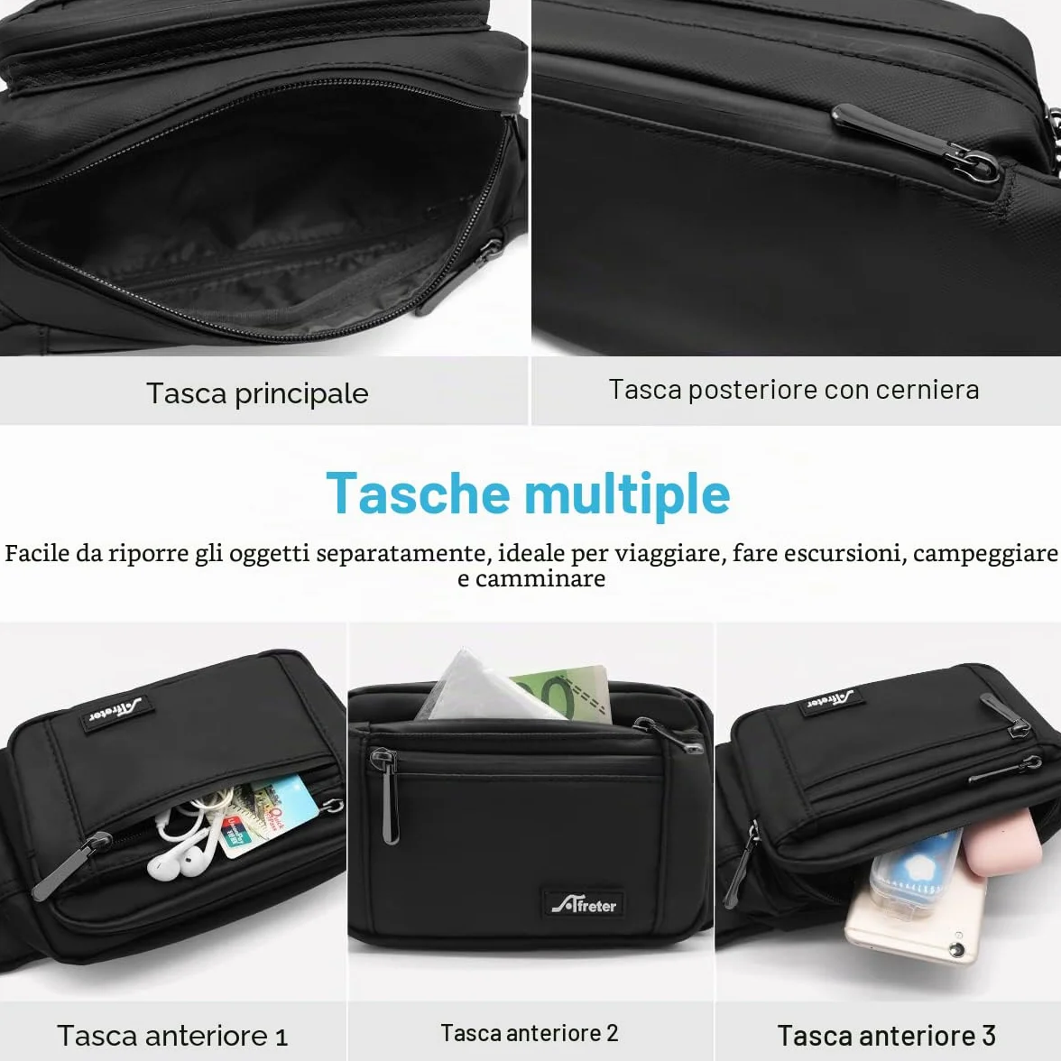 HNOOM Marsupio Impermeabile Uomo Donna Sportivo Lavoro Grande Trekking con Cintura Regolabile 5 Tasche (Nero)