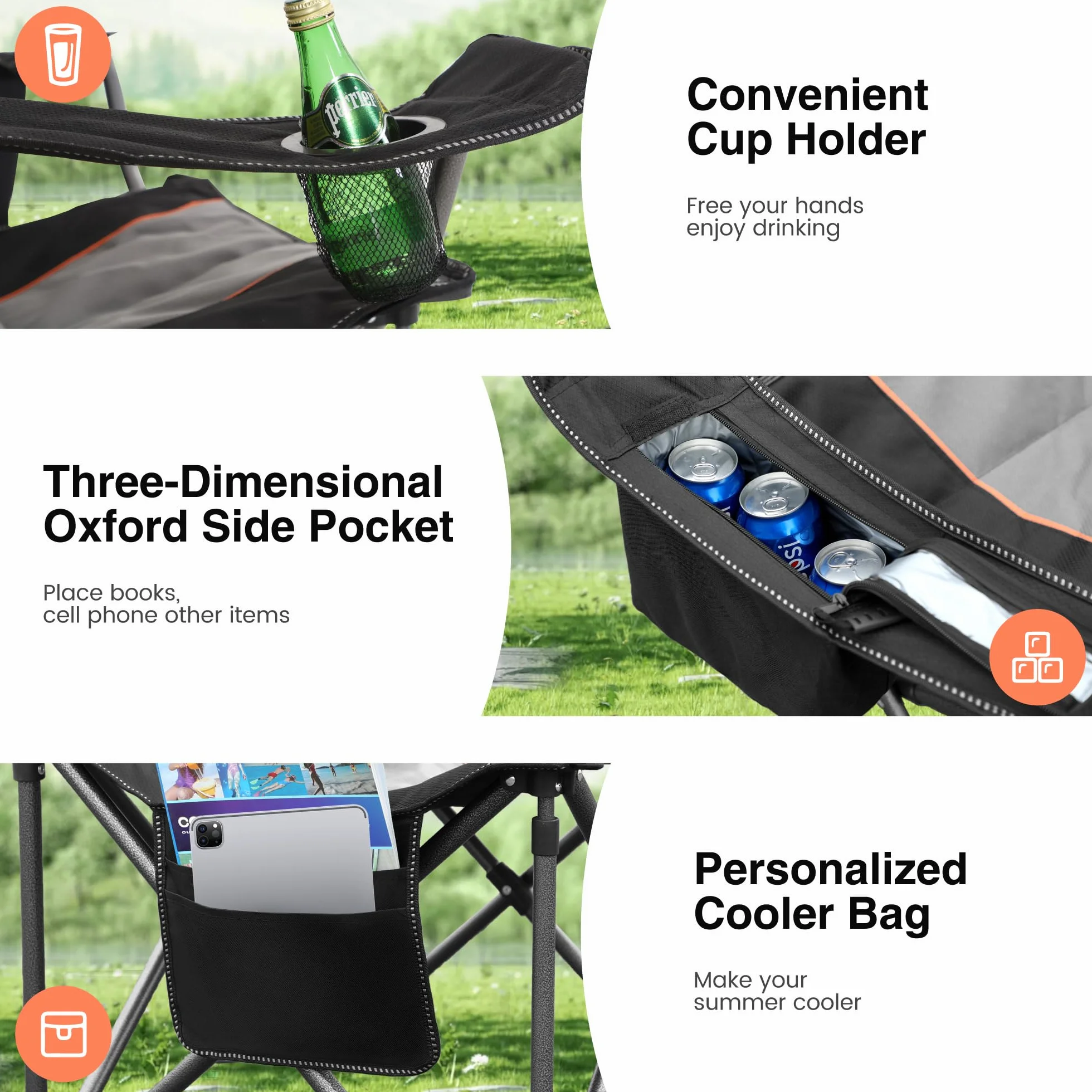 HIGH POINT SPORTS Sedia Pieghevole da Campeggio 200kg Portatile Resistente con Portabicchieri Nero 2 Pezzi
