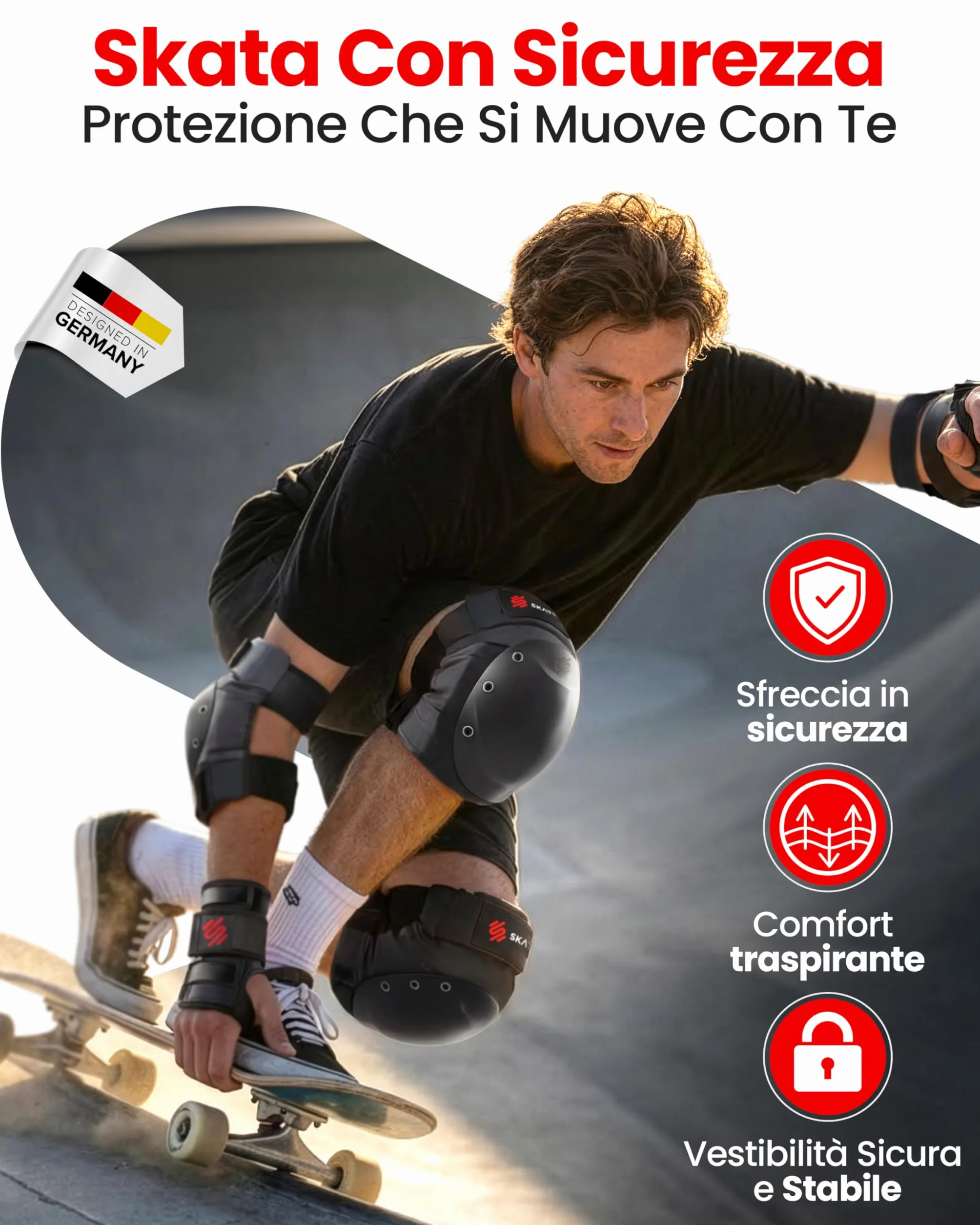 SKATEWIZ Protezioni Skateboard Adulto - Protezioni Pattini Adulto - Linea, Skateboard, BMX, Pattini a 4 Ruote - Ginocchiere Bambini - SHIELD Taglia L Nero