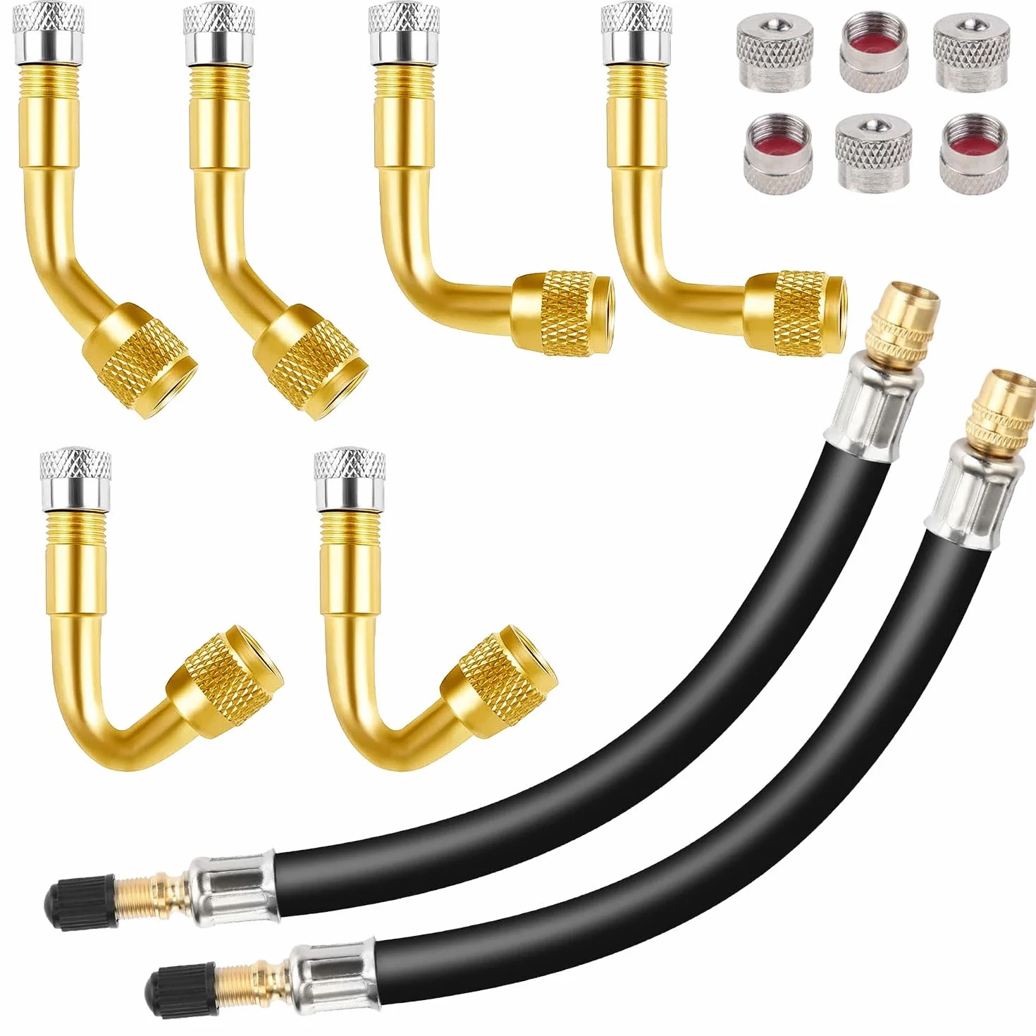 Prolunga Valvola Pneumatici Set, 6 Adattatori per Valvola 45 90 135 Gradi con 2 210 mm Tubi di Prolunga in Gomma e 6 Cappucci per Valvole, per Auto, Moto, Biciclette (Nero)