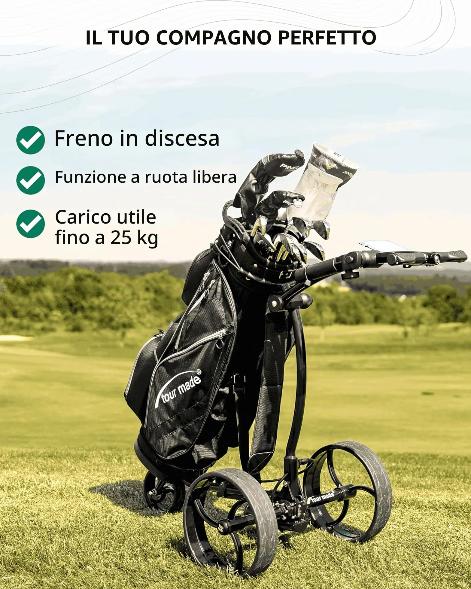 Tour-Made RT-610S Trolley da golf elettrico con batteria al litio e freno a motore