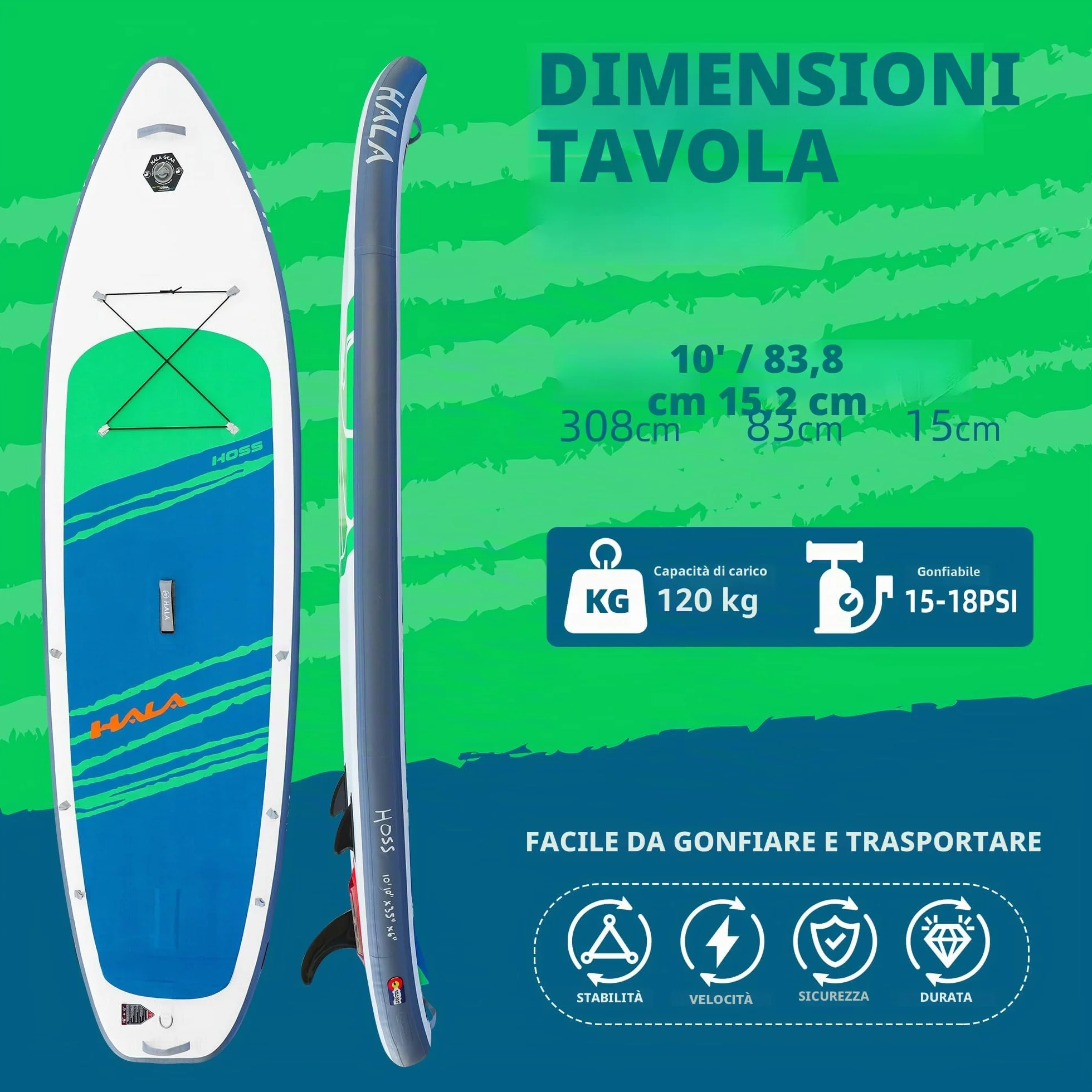 Hala 10.10' Sup Gonfiabile Tavola con Sistema US FIN PRO, Design Tail Kicker