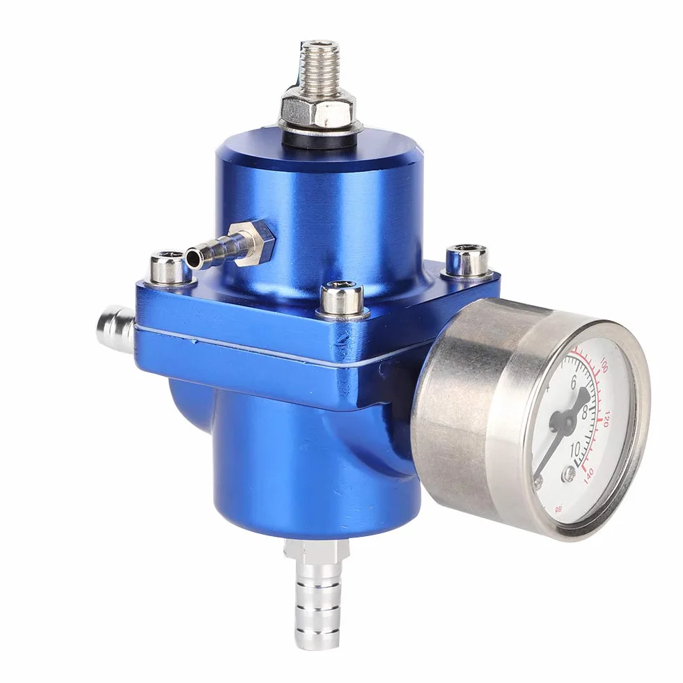 Regolatore di pressione del carburante universale, lega di alluminio Regolatore di pressione del carburante FPR universale con manometro calibro 0-140psi regolabile(blu)