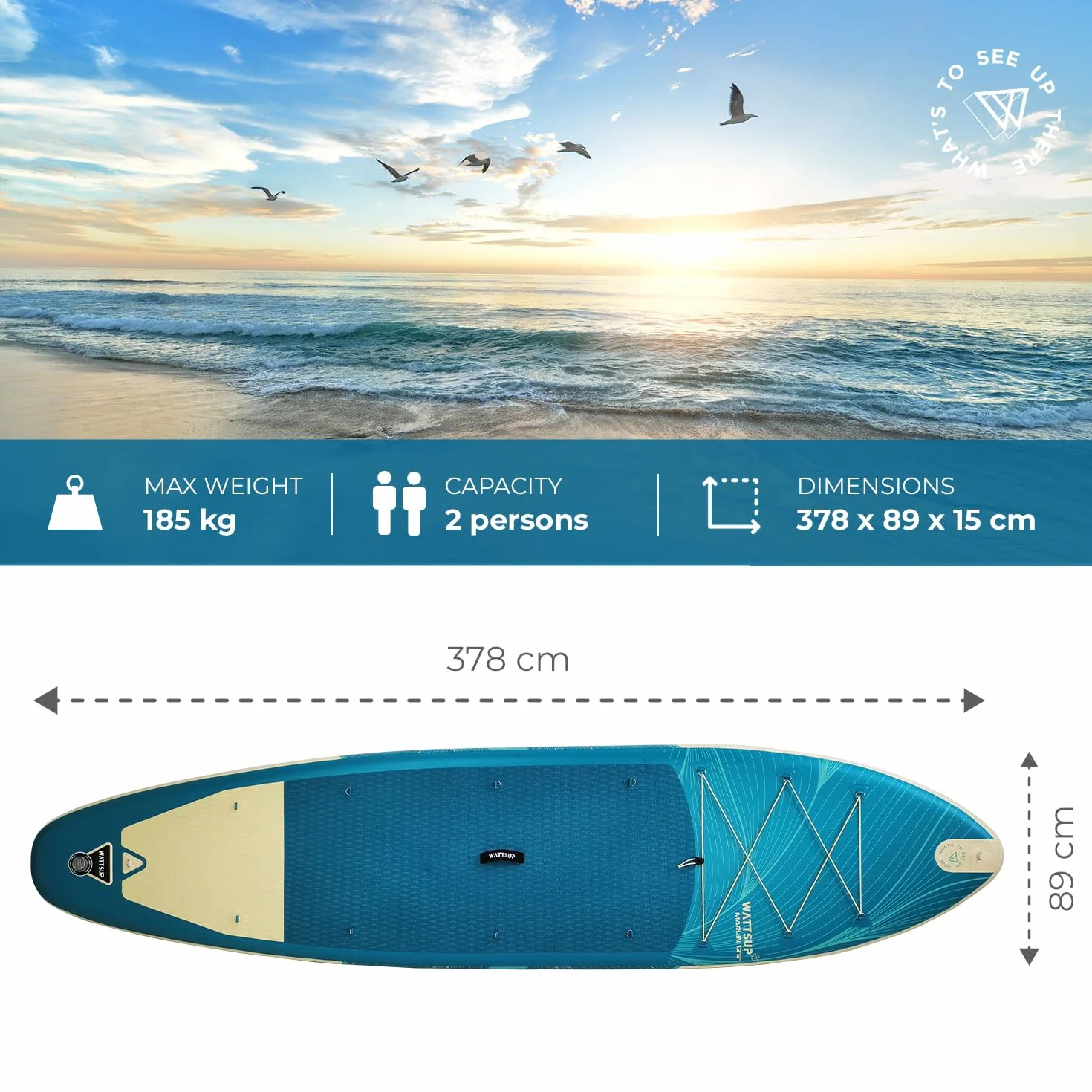 Wattsup - SUP Stand Up Paddle Gonfiabile MARLIN 12'5-378x89x15 cm, Dropstitch - Pacchetto completo: Remo 2in1, Leash, Pompa, Borsa di Trasporto - Fino a 185 kg - Blu