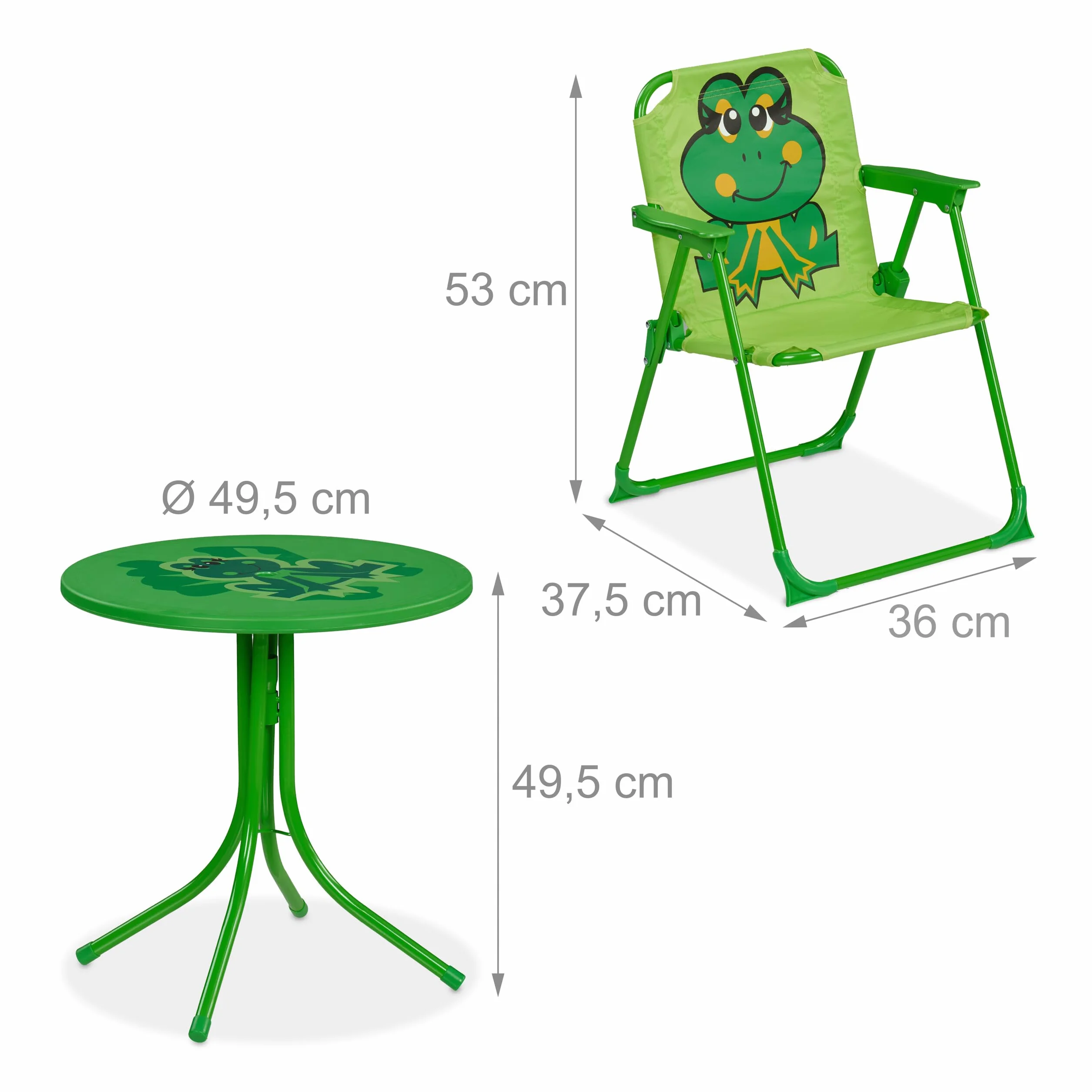 Relaxdays Tavolo Bambini con Ombrellone, Set 2 Sedie, da Campeggio e Giardino, Tavolino Picnic Design Rana Verde