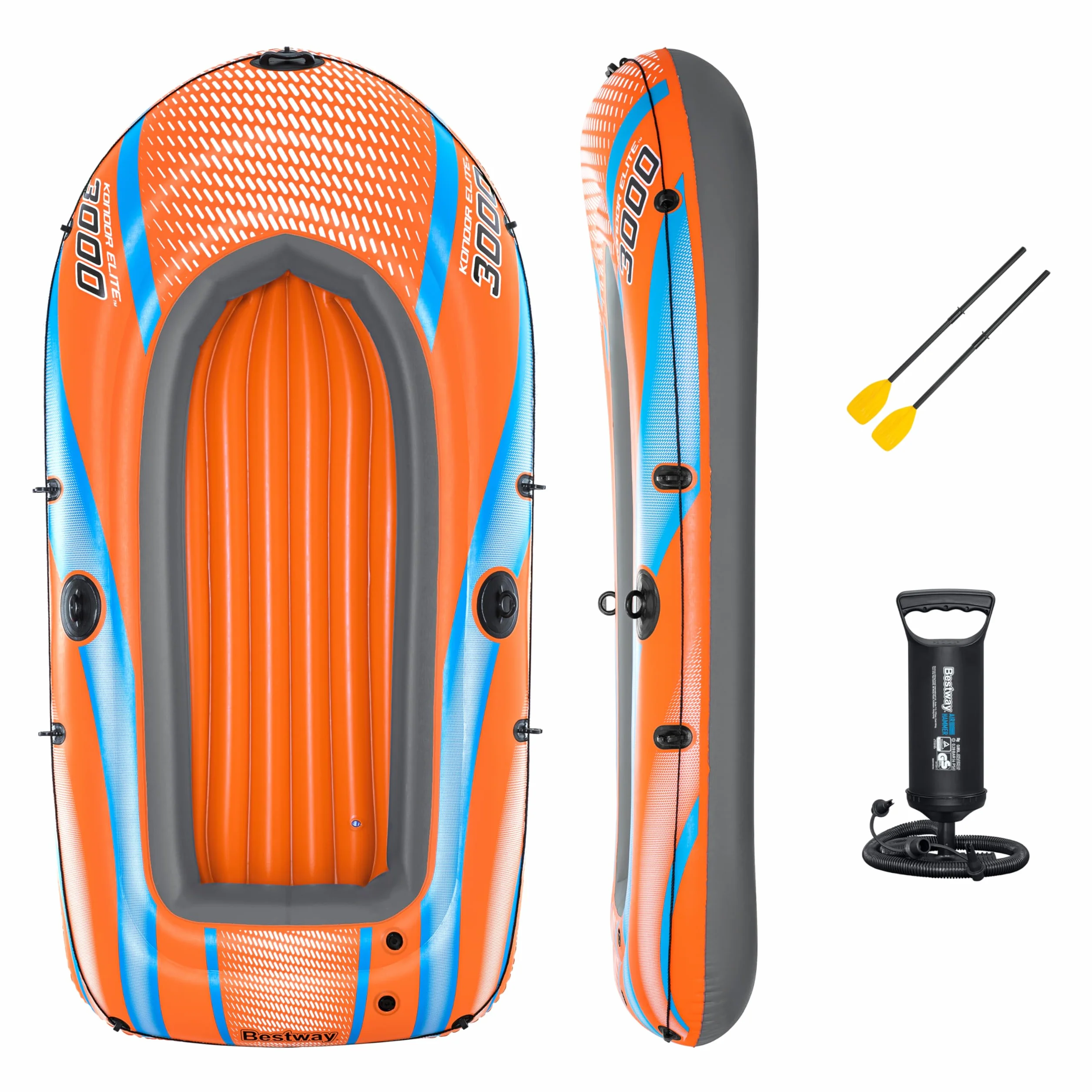 Bestway Inflatable Boat, Kondor 3000, 3 Persons, Raft Set with Oar and Hand/Foot Pump, Heavy Duty Handles and Interlocking Valves, 8.1” x 48”, 2.46m x 1.22m