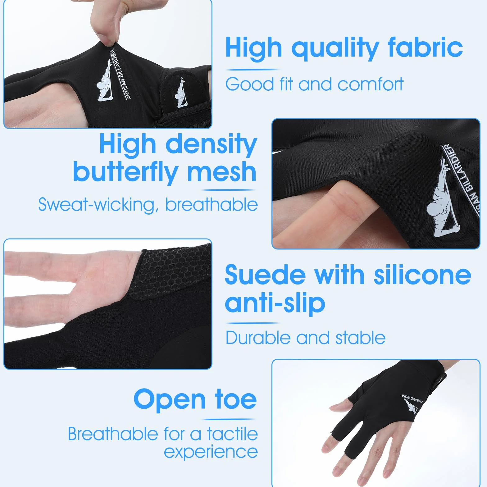 Guanto da biliardo Mano Sinistra per Uomo Donna Elastico 3 dita