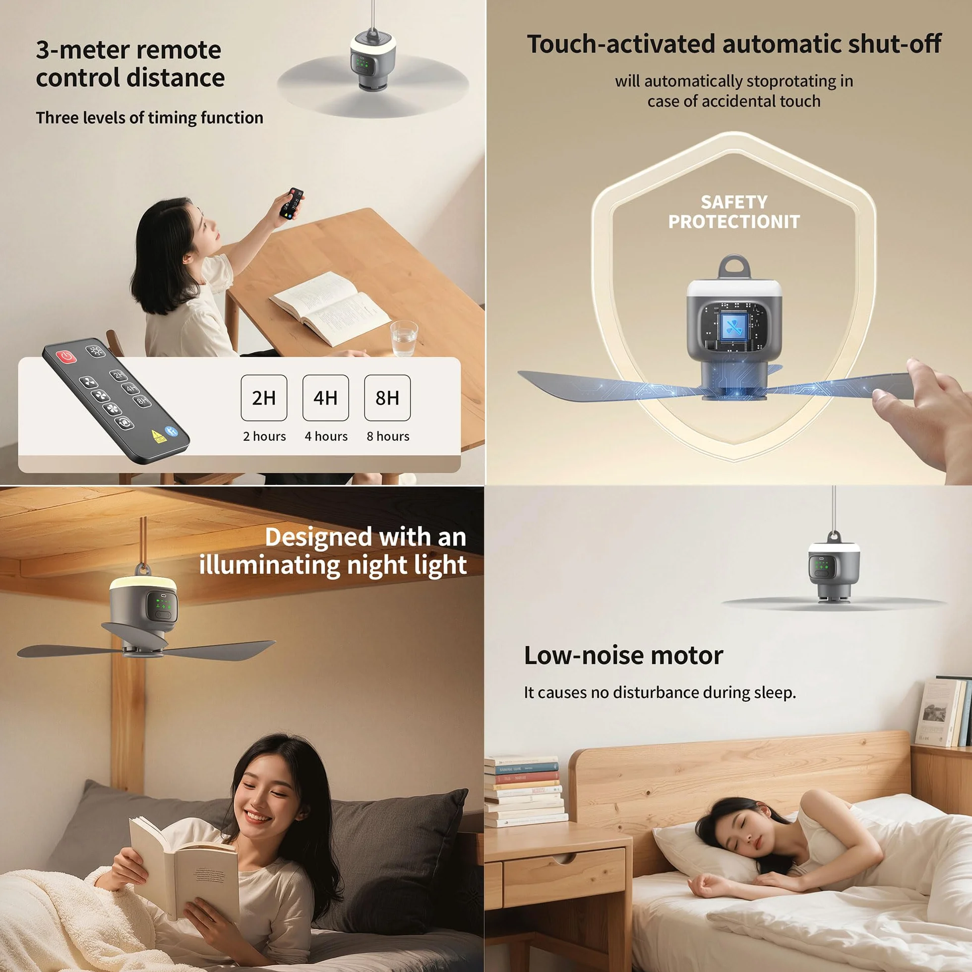 VVU&CCO Ventilatore da soffitto portatile ricaricabile con luce, 12000 mAh, funzionamento a batteria, tempo di utilizzo fino a 16 ore, regolazione 4 velocità, timer 2/4/8 ore, ventilatore da soffitto