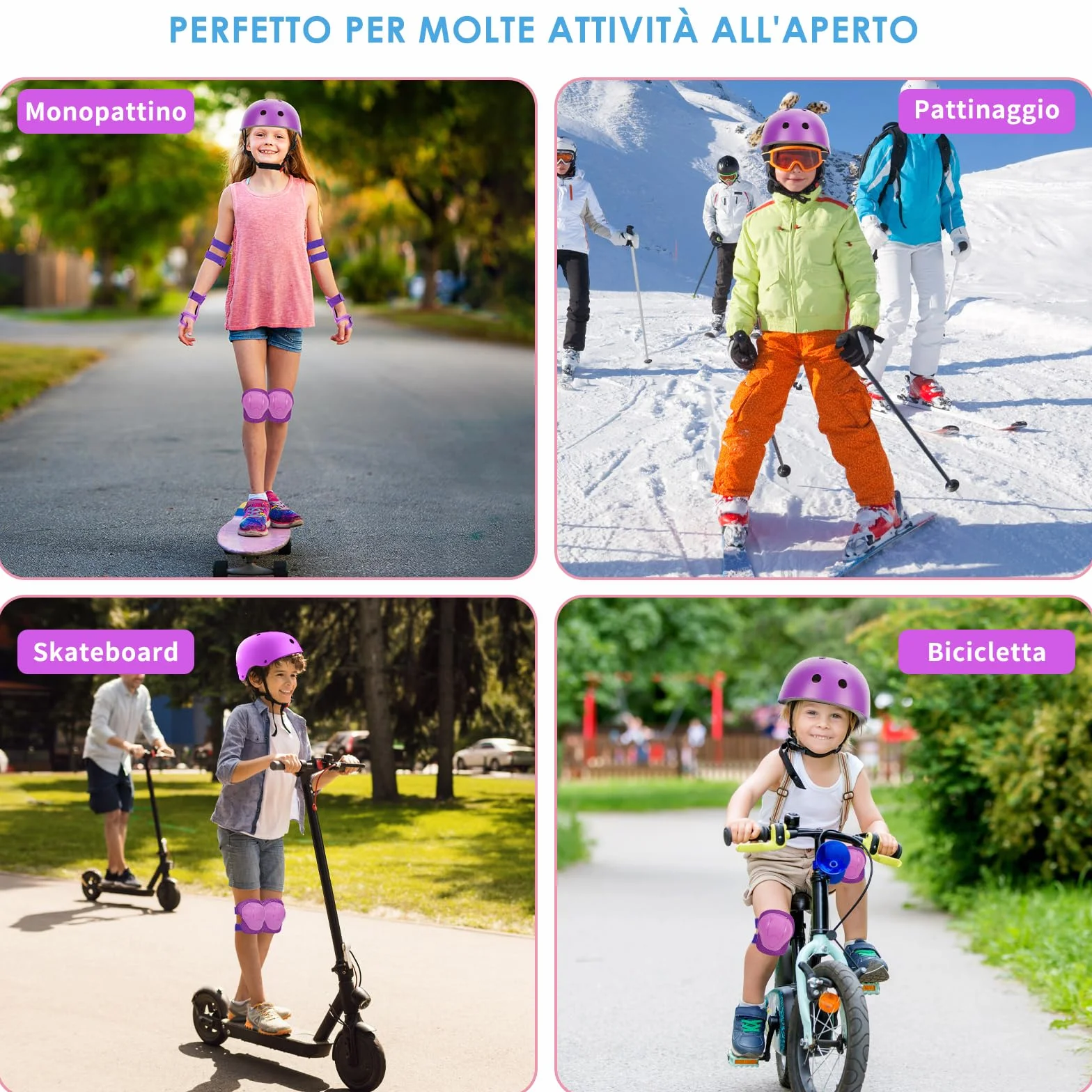 ZWOOS Protezioni Skateboard Bambino,Protezioni Bici Bambino con Casco Regolabile Ginocchiere Gomitiere, Protezioni Skateboard Bambini per Skateboard,Bicicletta,Pattinaggio, Monopattino (viola)
