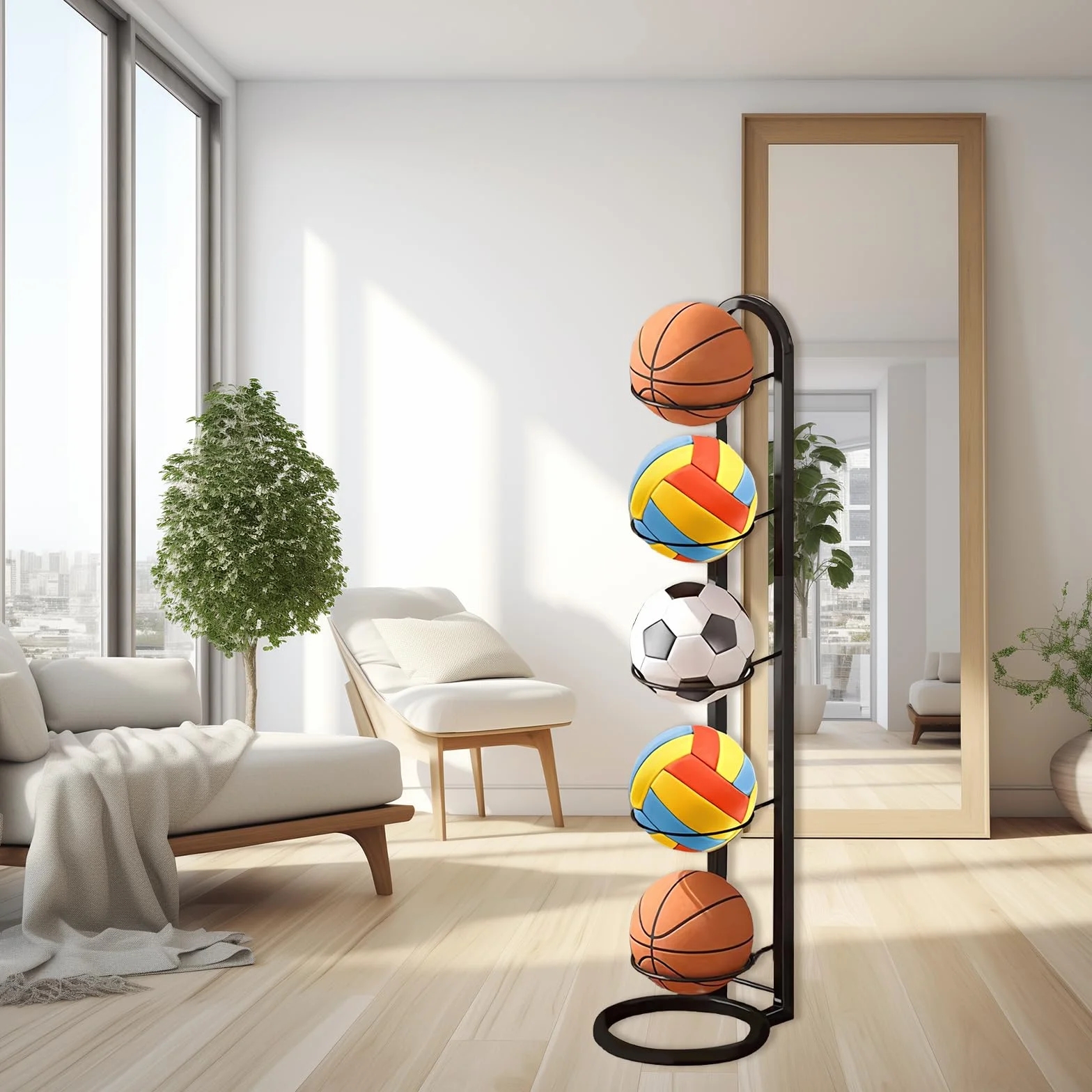 Scaffale per pallacanestro 5 livelli supporto verticale rimovibile organizer garage attrezzature sportive calcio pallavolo