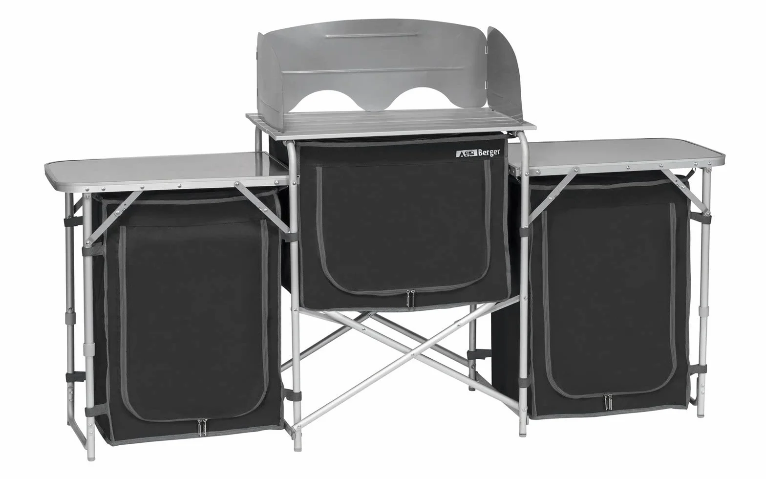 Berger Box cucina da campeggio XL, Nero/Grigio, Telaio in alluminio, 5 scomparti, antivento, con congelatore