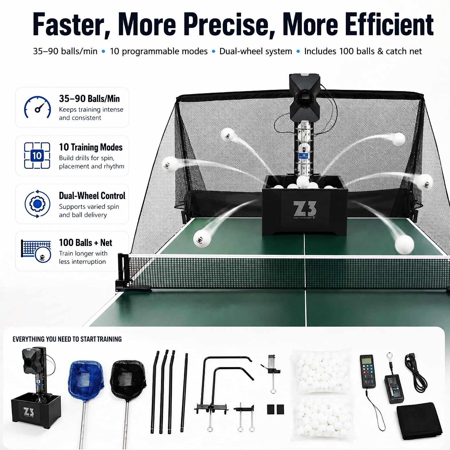 Ping-pong Robot Automatico con Rete, 100 Palle, 10 Modalità, Telecomando 4-40m/s per Allenamento