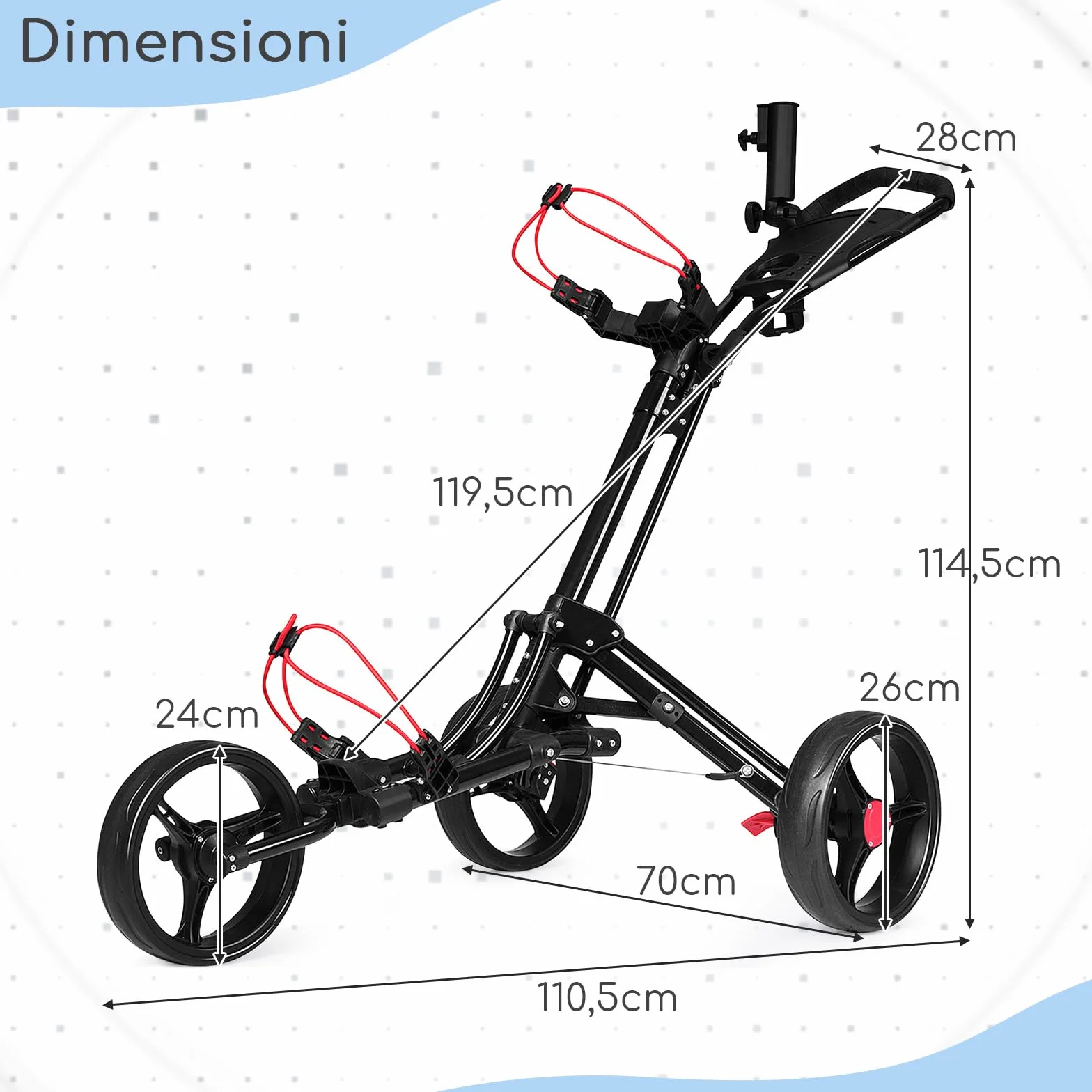 COSTWAY Carrello da Golf Pieghevole 3 Ruote Trolley Portaombrelli Porta Bicchiere Nero