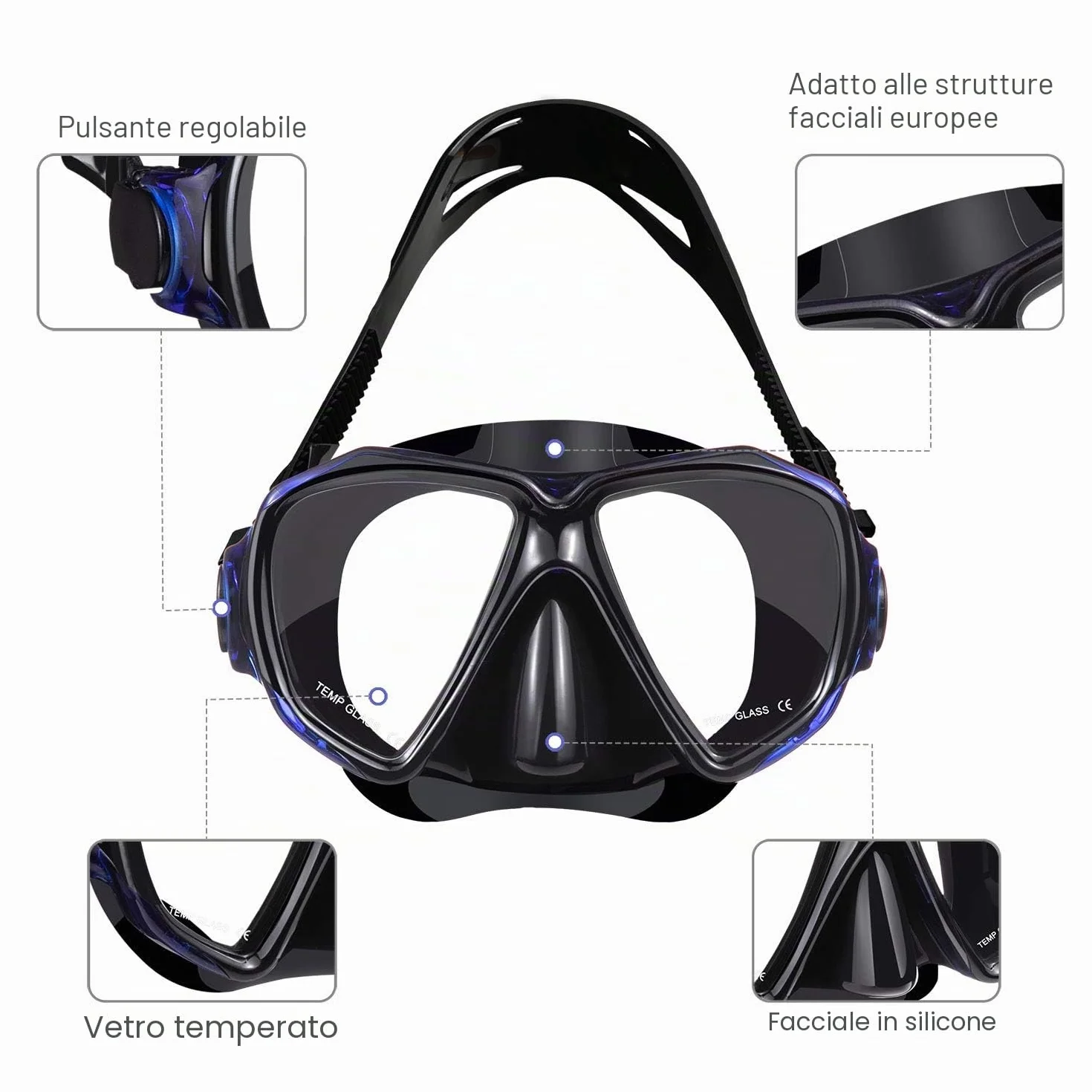 Dorlle Set da snorkeling impermeabile anti-appannamento vetro temperato Premium Dry per adulti