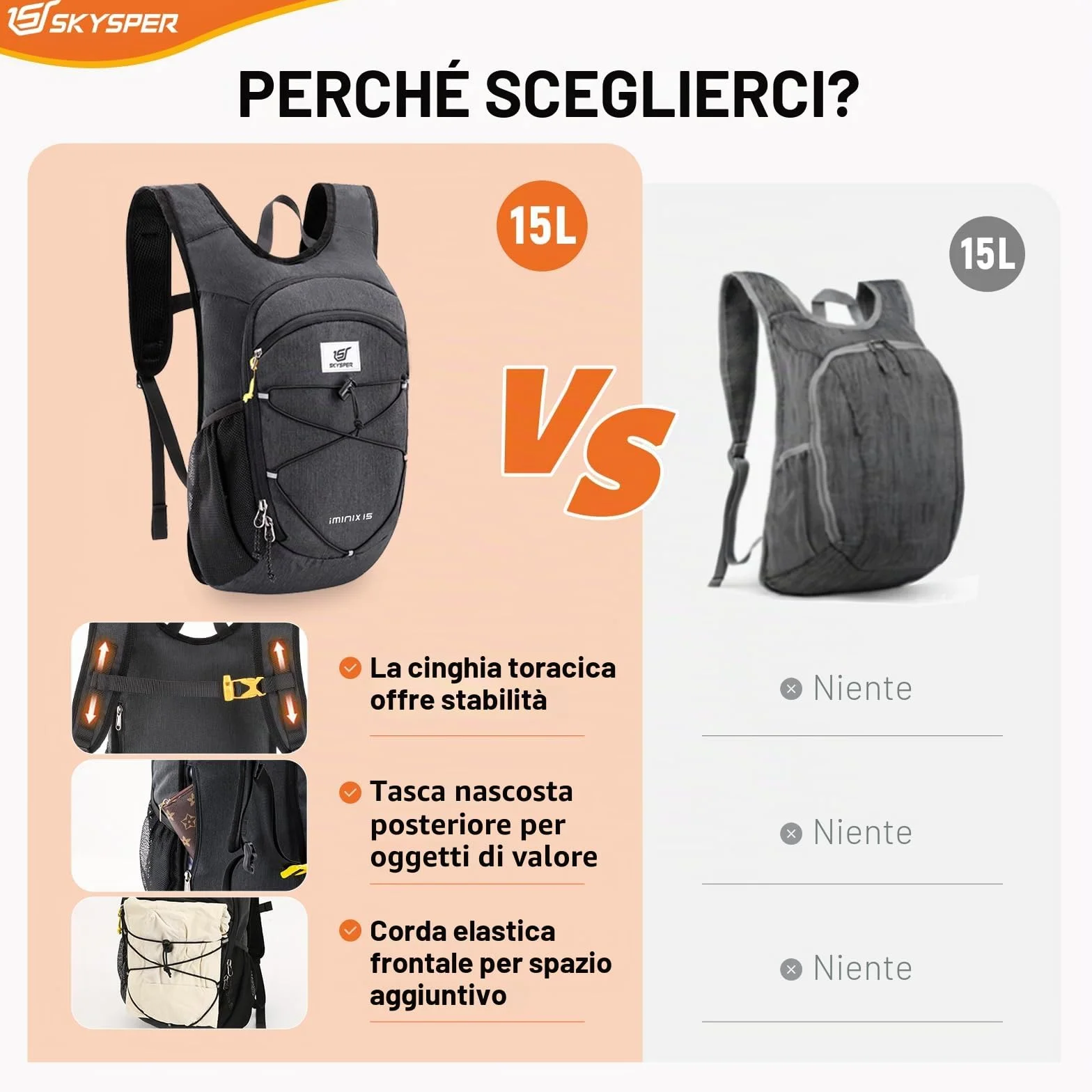 SKYSPER Zaino Pieghevole Leggero 15L Escursione Cinturino Pettorale Ripiegabile da Viaggio Uomo Donna