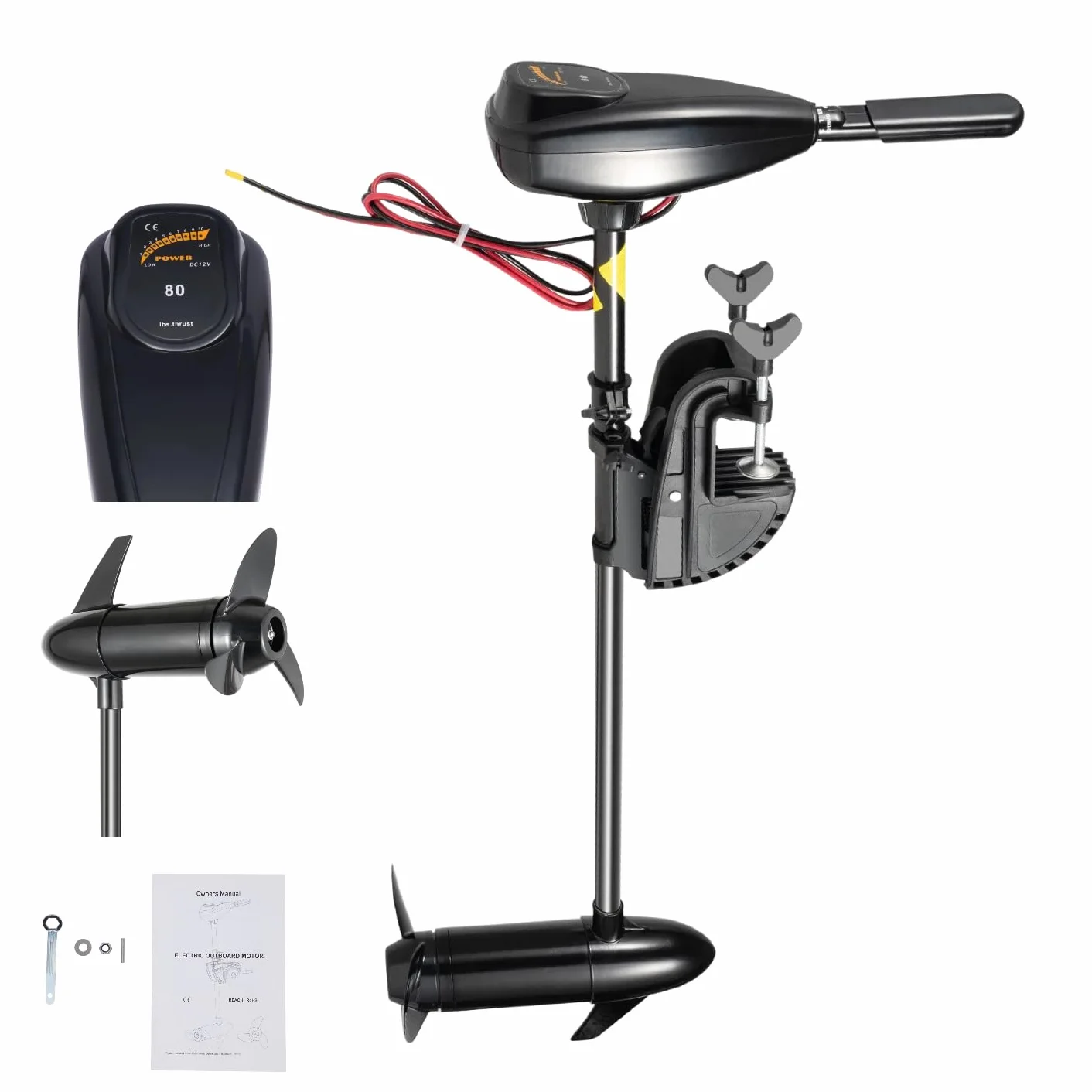 Motore Elettrico Fuoribordo 80LBS 12V 800W 1.2CV, 5 Marce Avanti 3 Indietro, Albero Lungo, Forza di Trazione 1850kg