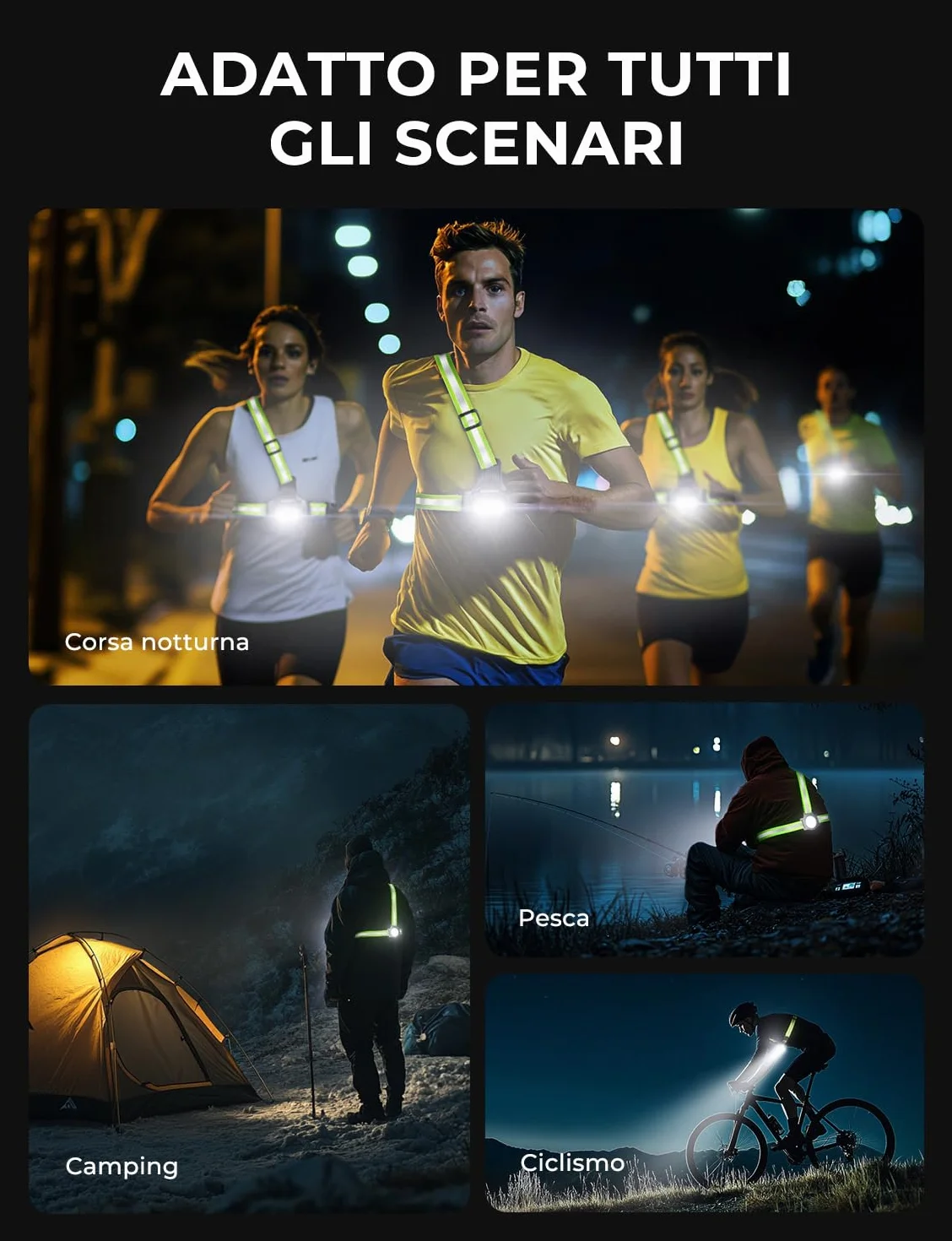 Luce Running con Strisce Riflettenti 500 Lumen Ricaricabile USB 7 Modalità IPX4 Impermeabile