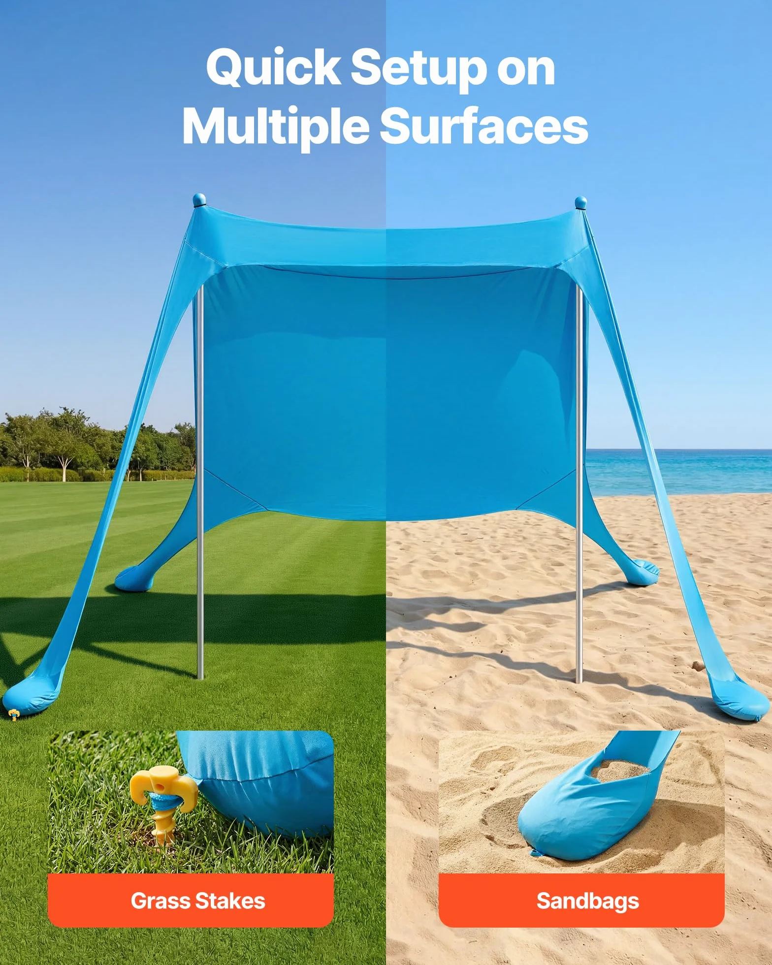 VEVOR Tenda Parasole Portatile da Spiaggia per Esterno Protezione Solare UPF50+ 2,3 x 2,3 x 2 m, Parasole da Spiaggia con Pali di Supporto Tenda Portatile per Campeggio Viaggio Pesca, Blu