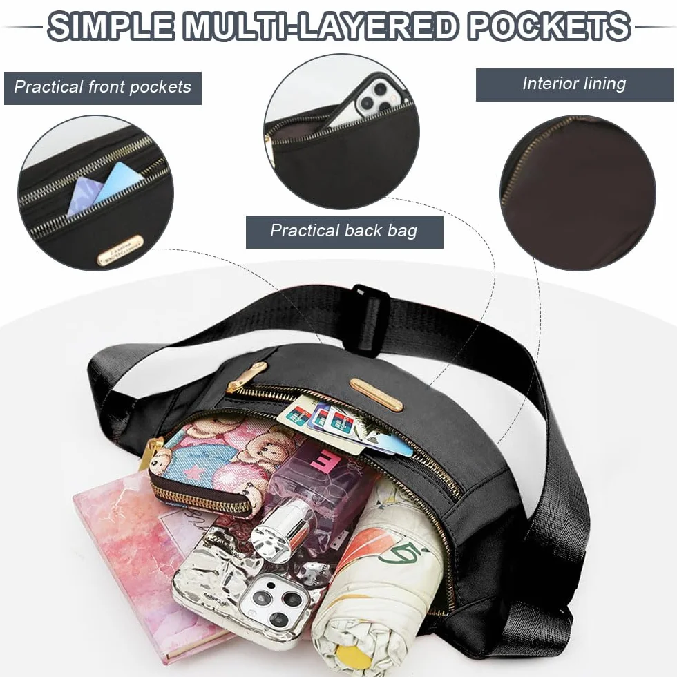 Marsupio Donna Uomo Viaggio Lavoro Fanny Pack Waist Bum Bag Belt Sportivo Tracolla Regolabile Borsa Monospalla Shopping Nero