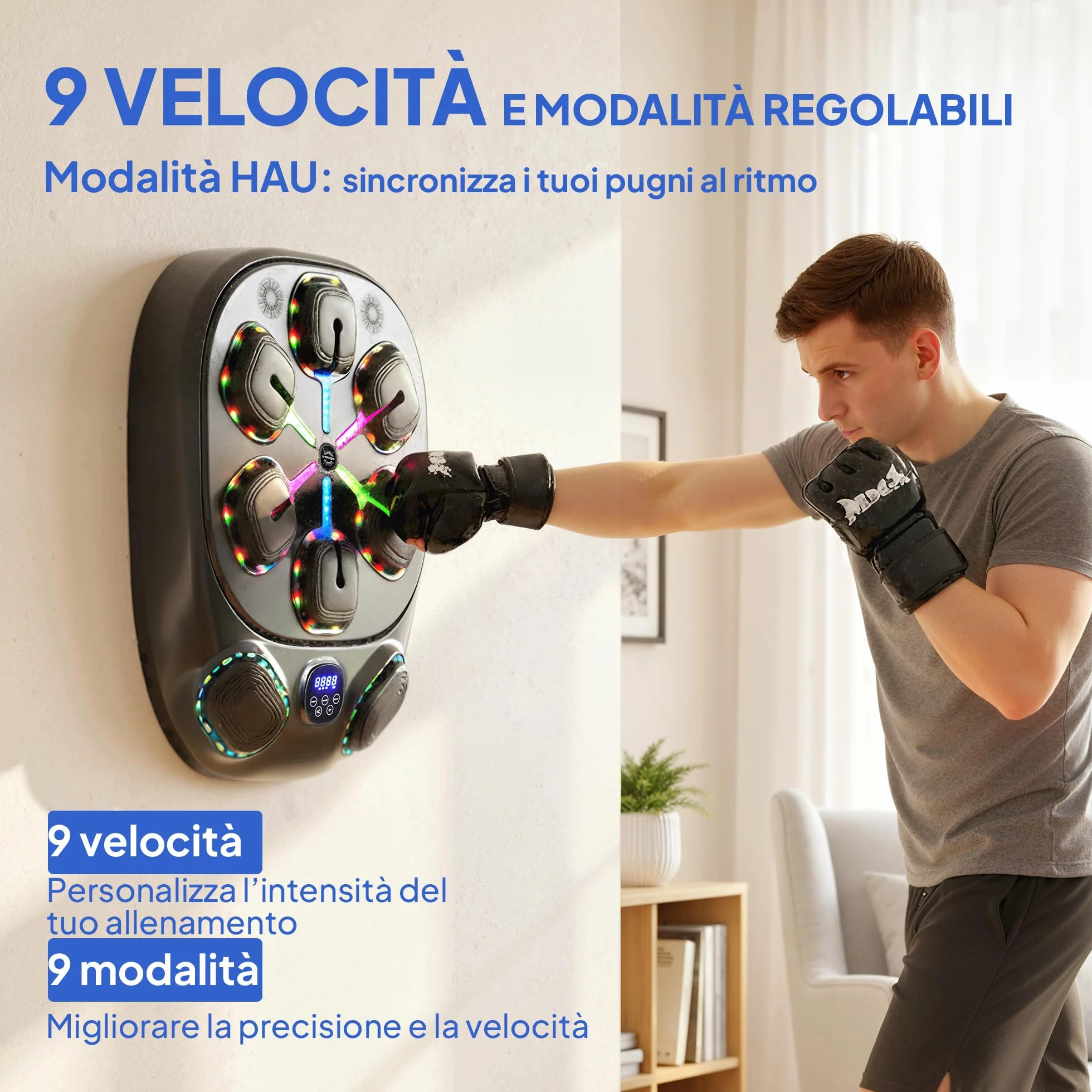 SPORTNOW Macchina da Boxe Musicale a Parete con 9 modalità e Luci LED Multicolore, Music Boxing Machine per Adulti con Connessione Bluetooth, per Casa e Palestra, 61x48x11 cm, Nero