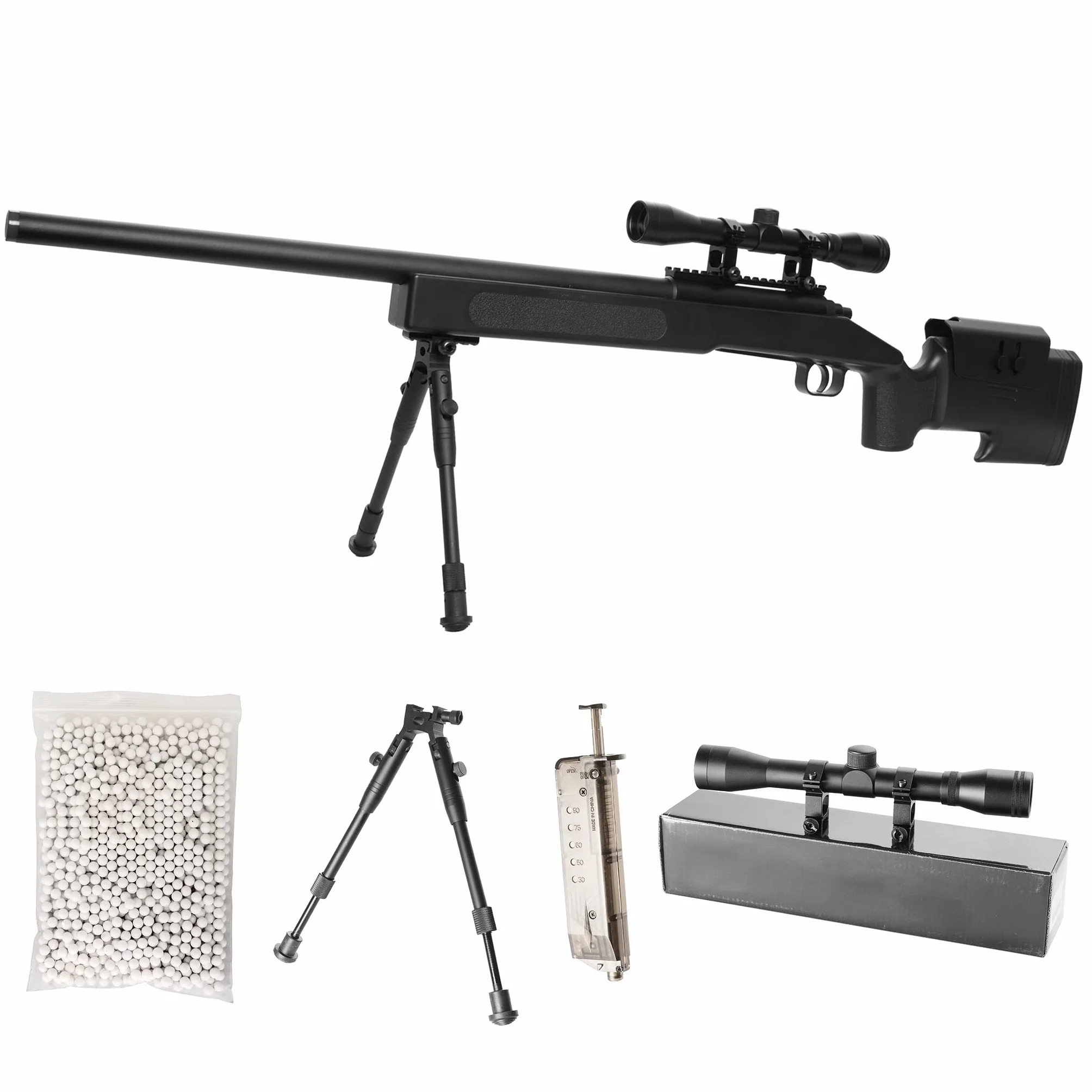 Fucile Softair Sniper M62 0,9 Joule Ottica 3-9x40 Bipiede Regolabile Nero 110x14 cm Bundle Completo