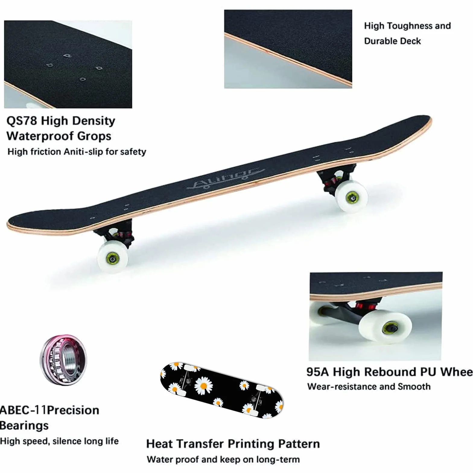 Skateboard standard da 31 pollici, superficie in acero a 7 strati, adatto a bambini, adolescenti, adulti, principianti e professionisti, con un carico massimo di 150 kg