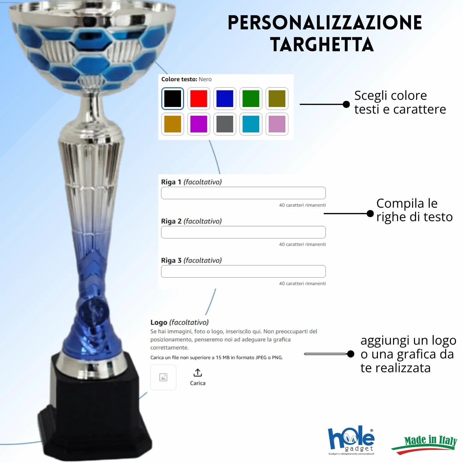 Personalizowana Coppa Trofeo Argento e Blu Metallo con Targhetta Stampata Varie Misure Calcio Fantacalcio Padel Basket