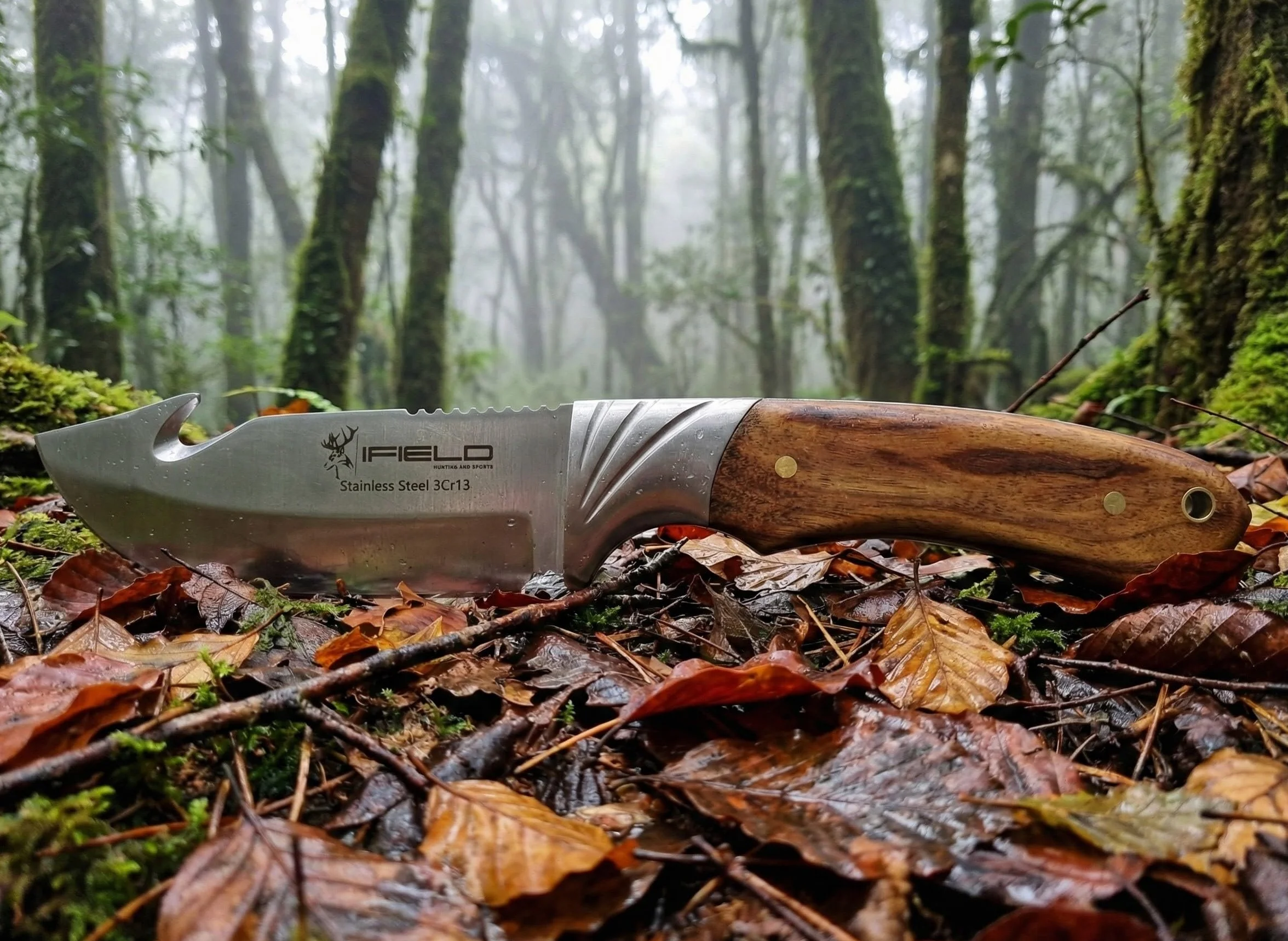 iFIELD EL29010 Coltello multifunzionale per escursioni, caccia e sopravvivenza all'aperto, acciaio inossidabile 3Cr13 con manico in oliva, fodero multiposizione