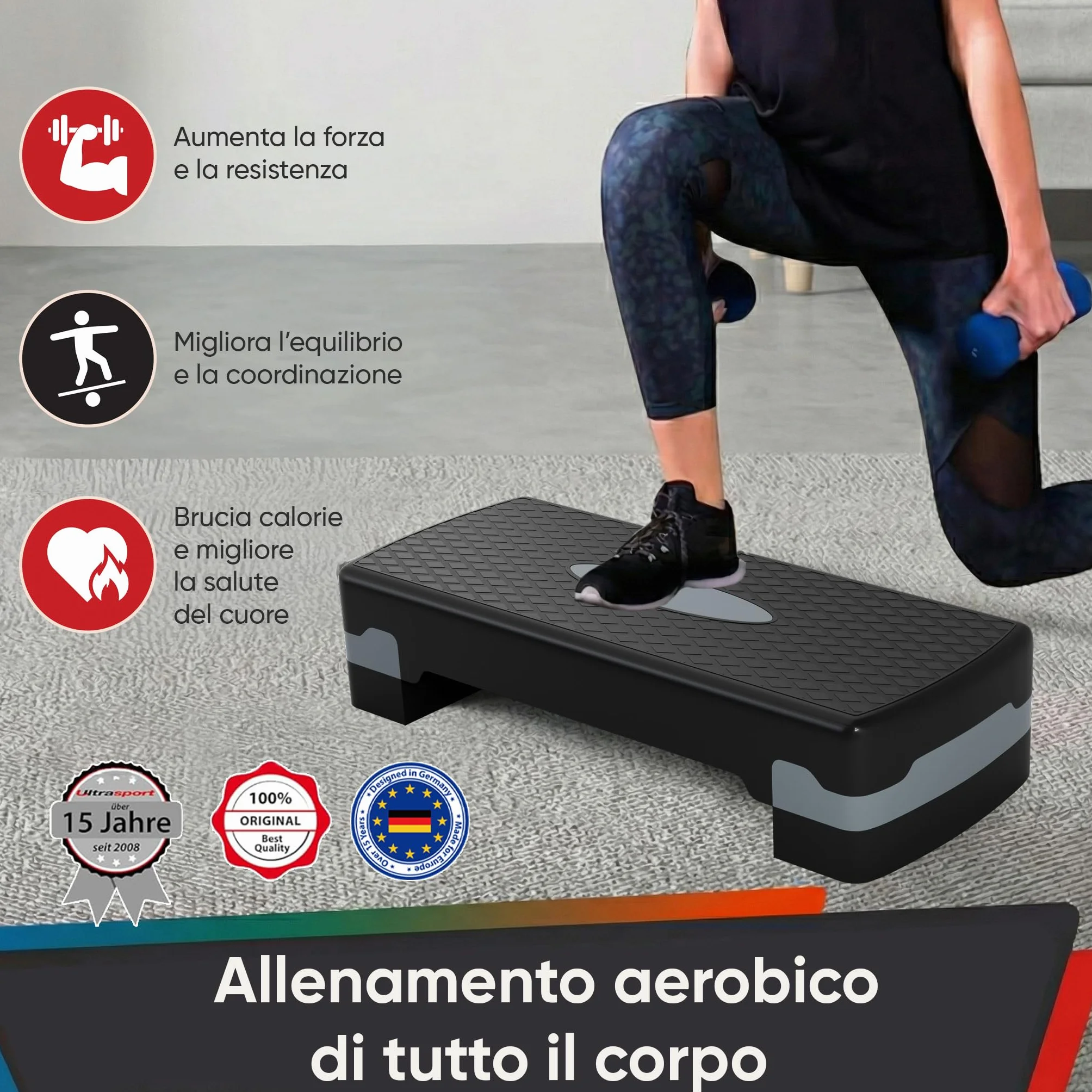 Ultrasport Step Fitness Stepper Aerobica Antiscivolo Regolabile 2 Altezze Stepboard 68x28 cm Grigio