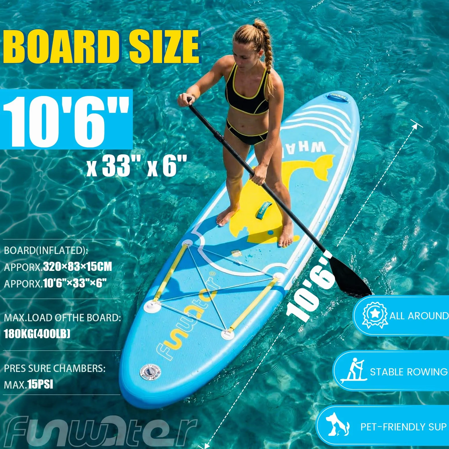 FunWater SUP Tavola da surf gonfiabile completa paddleboard con pagaia regolabile, pompa, zaino, guinzaglio, custodia impermeabile