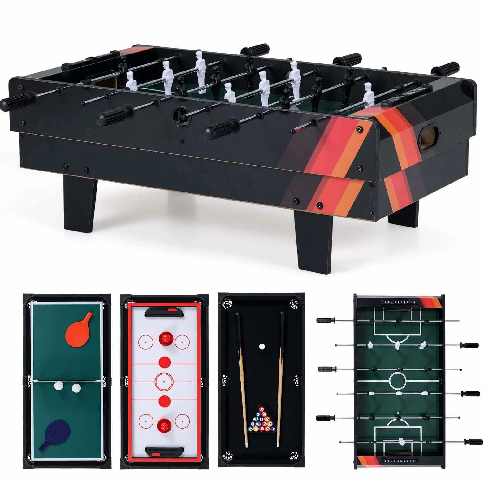 HOMASIS Tavolo da Gioco 4 in 1 in Legno per Bambini e Adulti, Tavolo da Biliardino con Piani Sovrapponibili per Biliardo, Hockey su Aria, Biliardino, Ping Pong per Casa, Sala Giochi