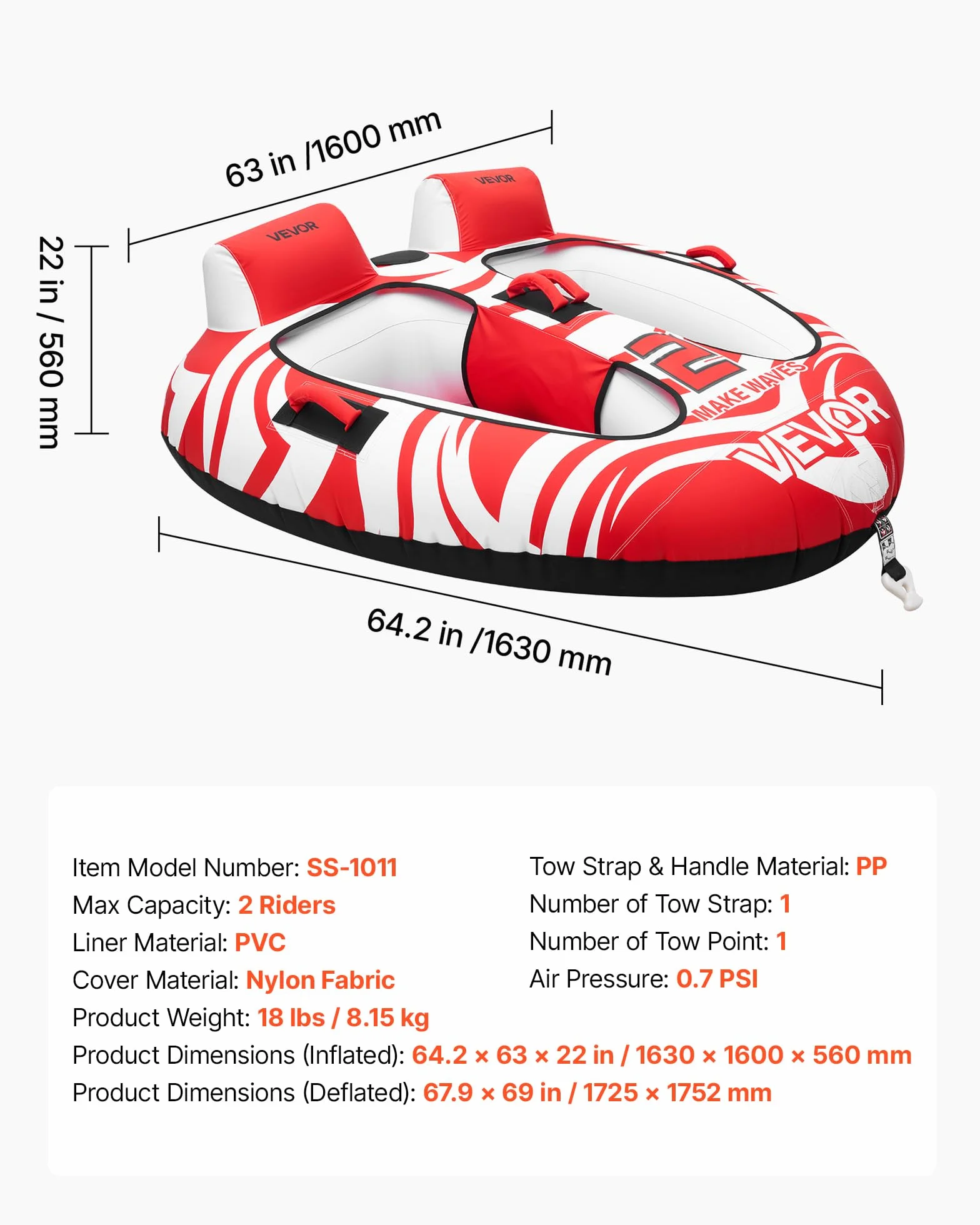 VEVOR Galleggiante di Traino per Barche 2 Persone Carico Max 154 kg Tubo Sport Nautici Copertura in Nylon Rosso