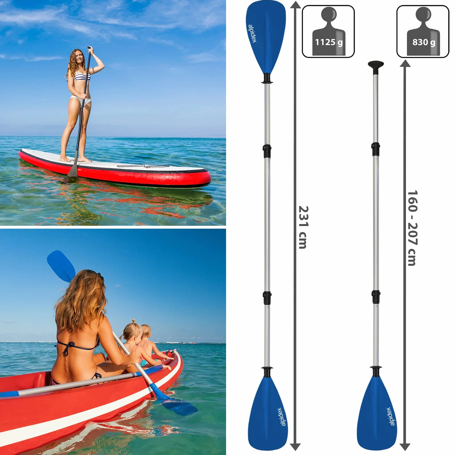 ALPIDEX Pagaia Doppia SUP Kayak Canoa Stand Up Paddle Regolabile 160-207cm Aluminiowa