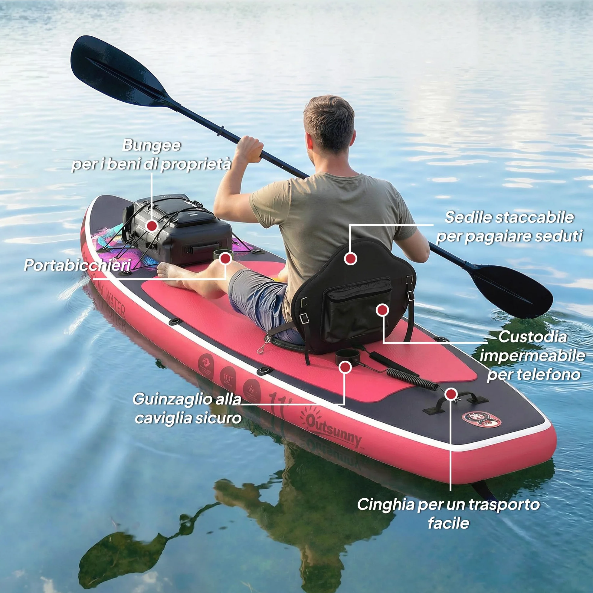 Outsunny Tavola Sup Gonfiabile Adulti, 335 cm Extra-Lunga Stand Up Paddle Board con Sedile, Pagaia Convertibile, Ponte Antiscivolo, Zaino, Pompa, 3 Pinne, Custodia Telefono Impermeabile, Carico 180kg