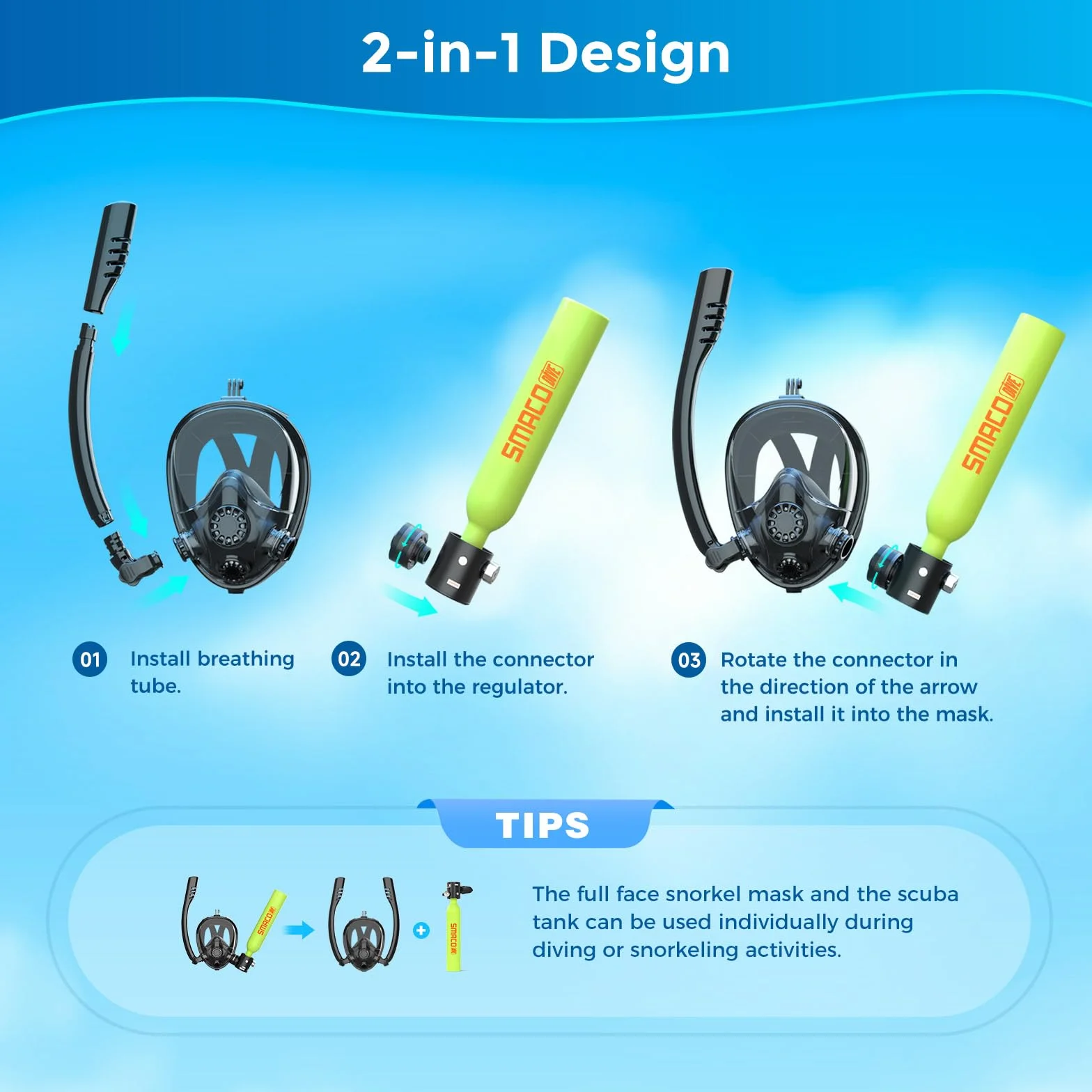 SMACO S300 Mini Bombola Subacquea 0,5L con Maschera Snorkeling Portatile