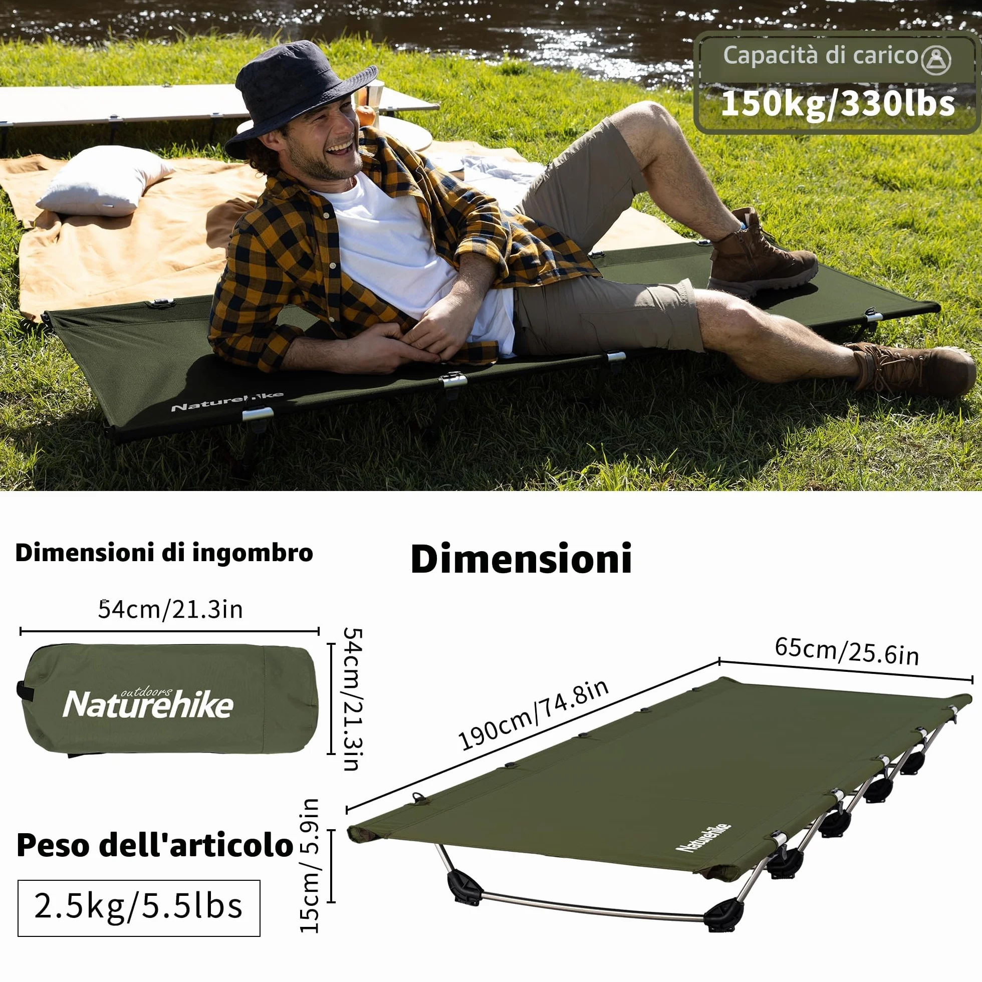 Naturehike Letto da Campeggio Pieghevole Compatto Ultraleggero Portatile Carico Massimo 150 kg