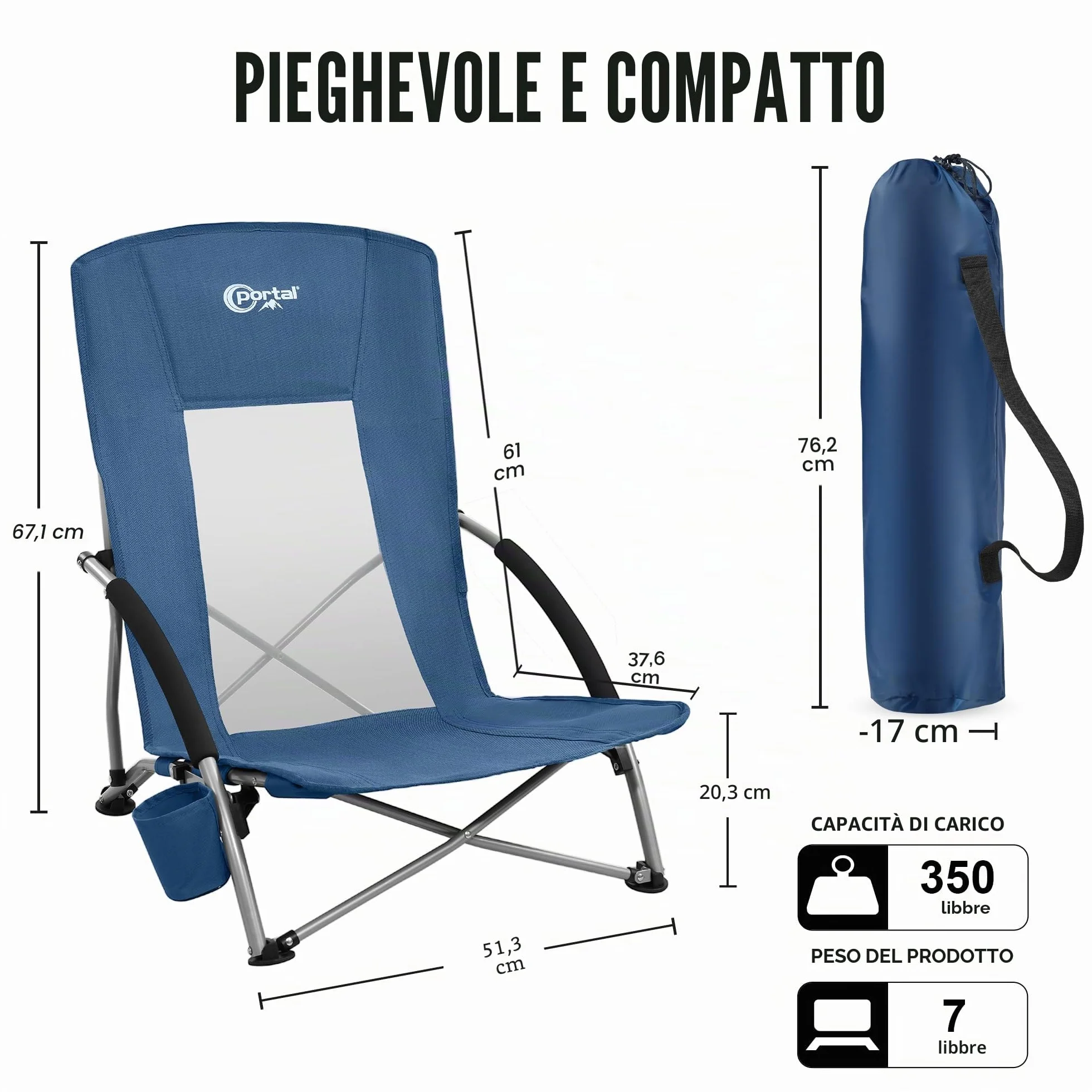 Sedie da spiaggia per adulti pieghevoli leggere portatili con portabicchieri confezione da 2