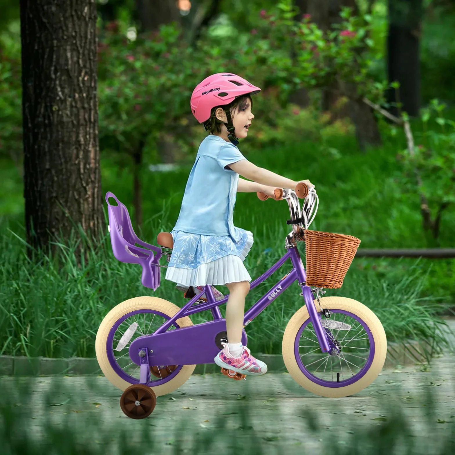RULLY Bicicletta per Bambina 12 14 16 Pollici 2-7 Anni con Seggiolino per Bambola, Rotelle, Cestino e Nastri