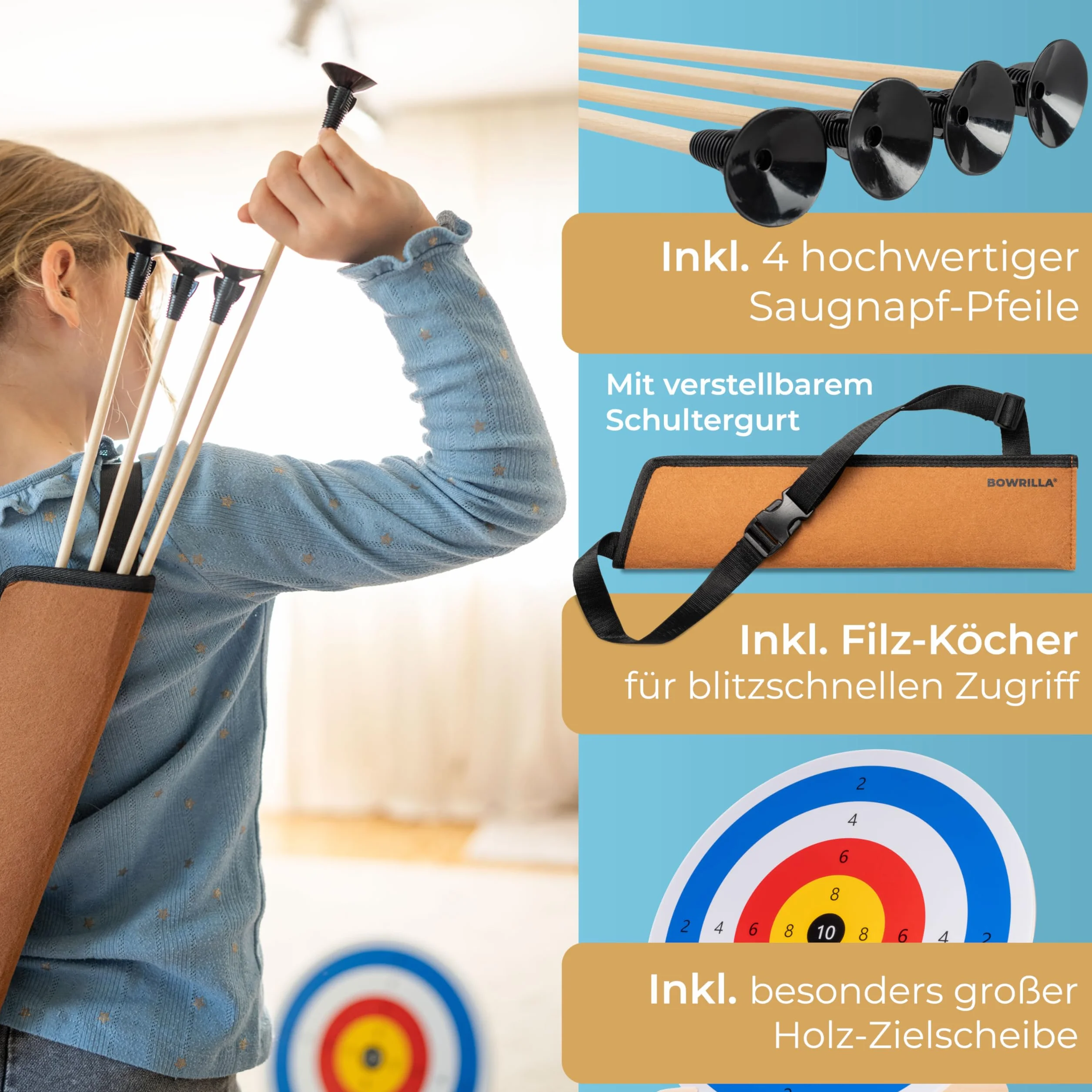 BOWRILLA® Set di frecce e arco per bambini con 4 frecce a ventosa, bersaglio in legno e faretra