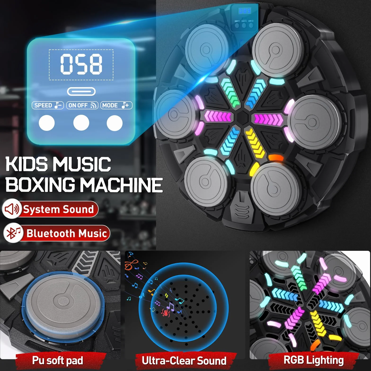 Music Boxing Machine, Macchina da Boxe Musicale da Parete con Guantoni, Luci e Ritmo, 3 modalità e 6 velocità Regolabili, Set da Boxe per Bambini e Adulti