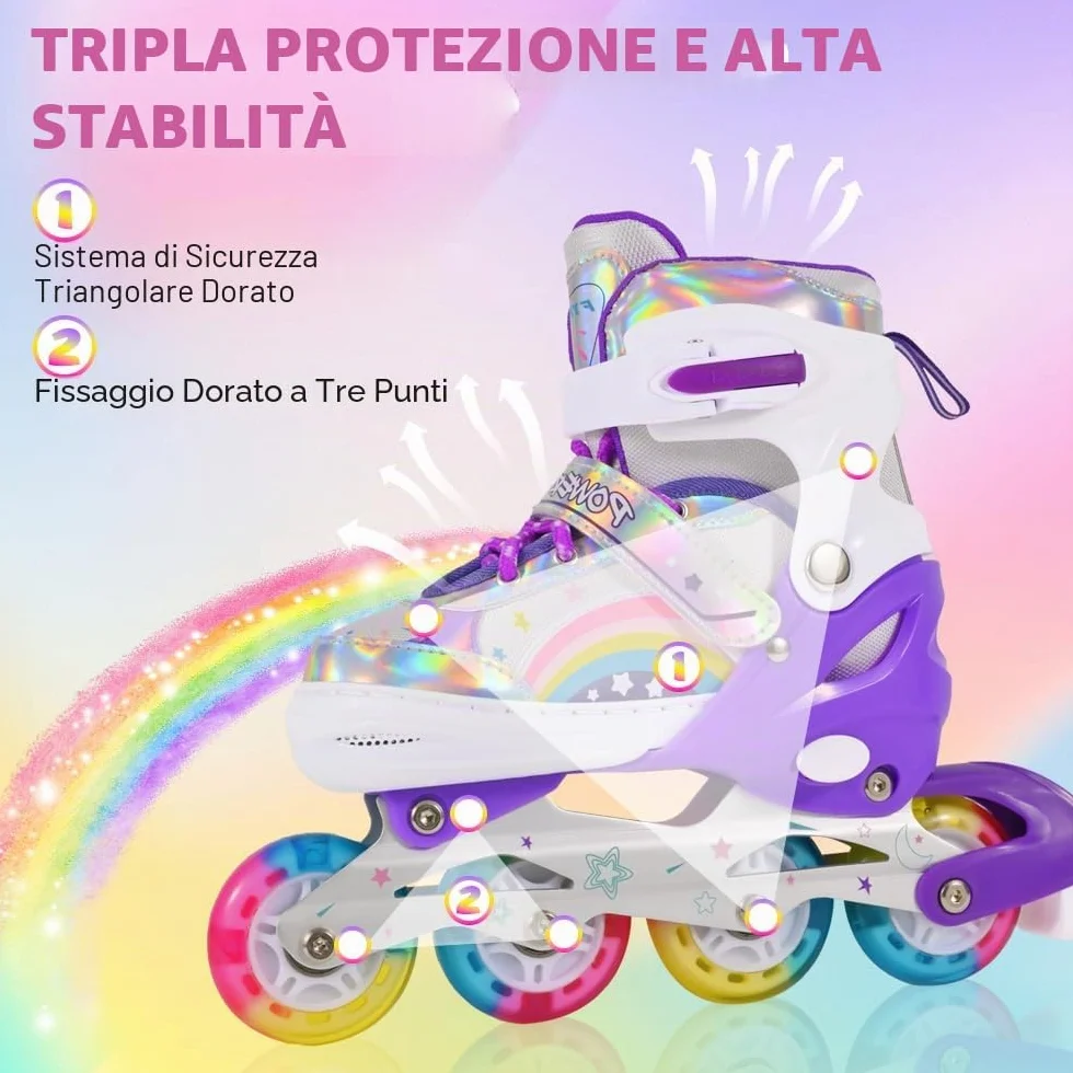 Pattini in linea regolabili per bambini ragazze ragazzi principianti, Pattini a rotelle per bambino e adolescente per lo sport Viola Arcobaleno